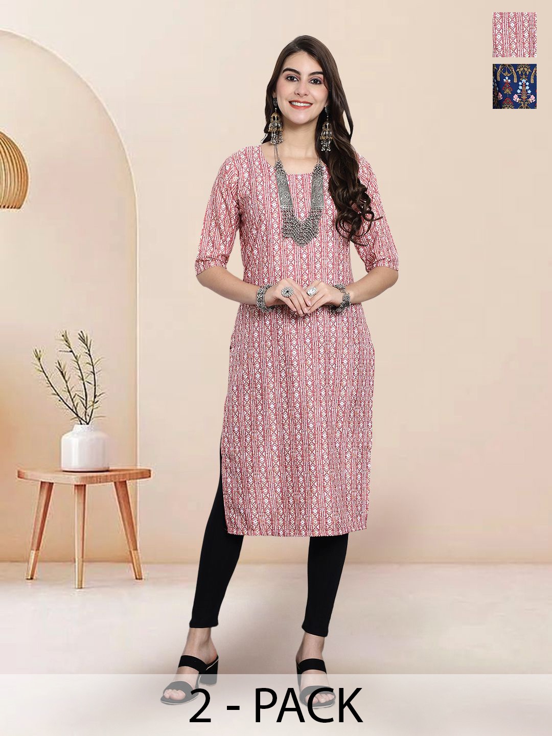 

7Threads Selection of 2 Ethnic Motifs Printed Round Neck Straight Kurtas, Red