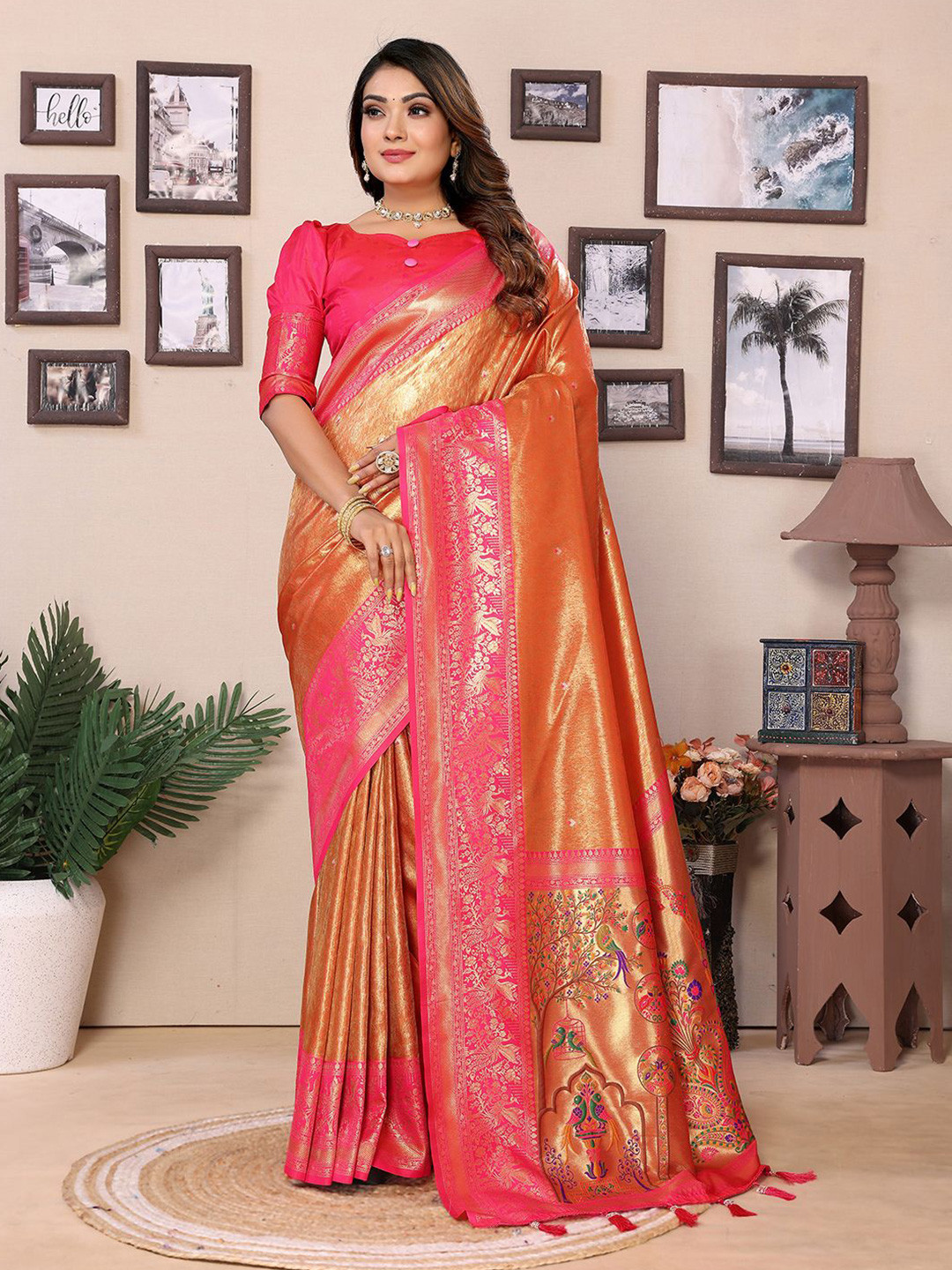 

Mitera Woven Design Zari Silk Blend Designer Banarasi Saree, Orange