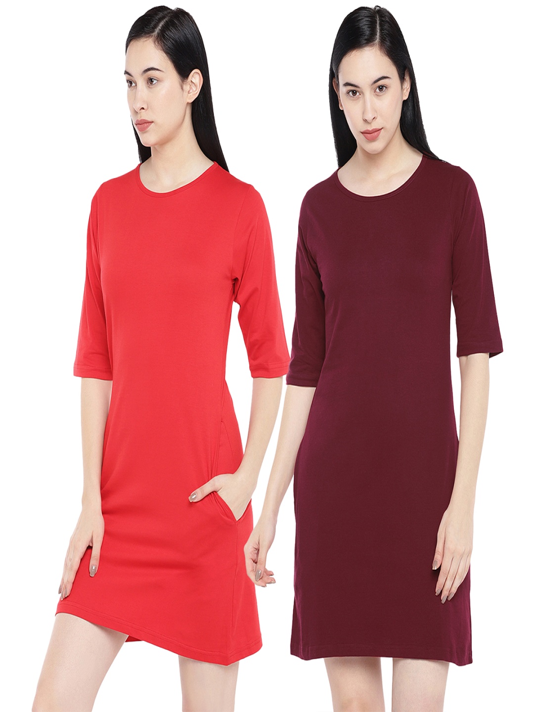

STATUS MANTRA Pack of 2 Round Neck Pure Cotton T-shirt Dresses, Red