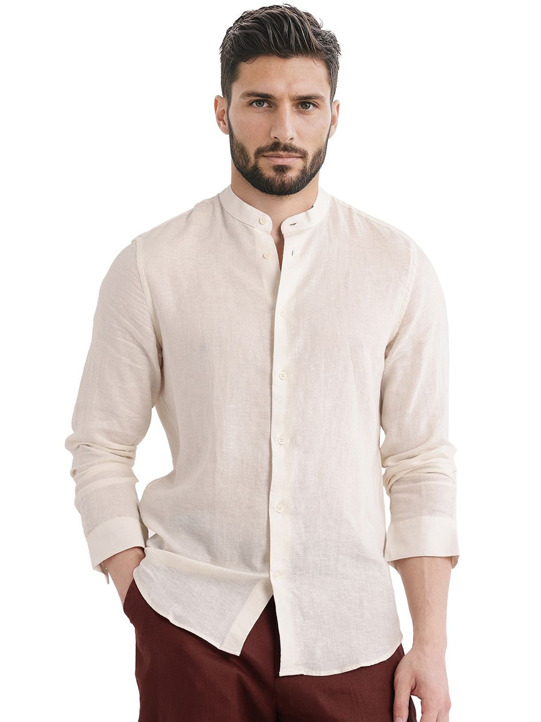 

RARE RABBIT Men Comfort Band Collar Solid Casual Shirt, Off white