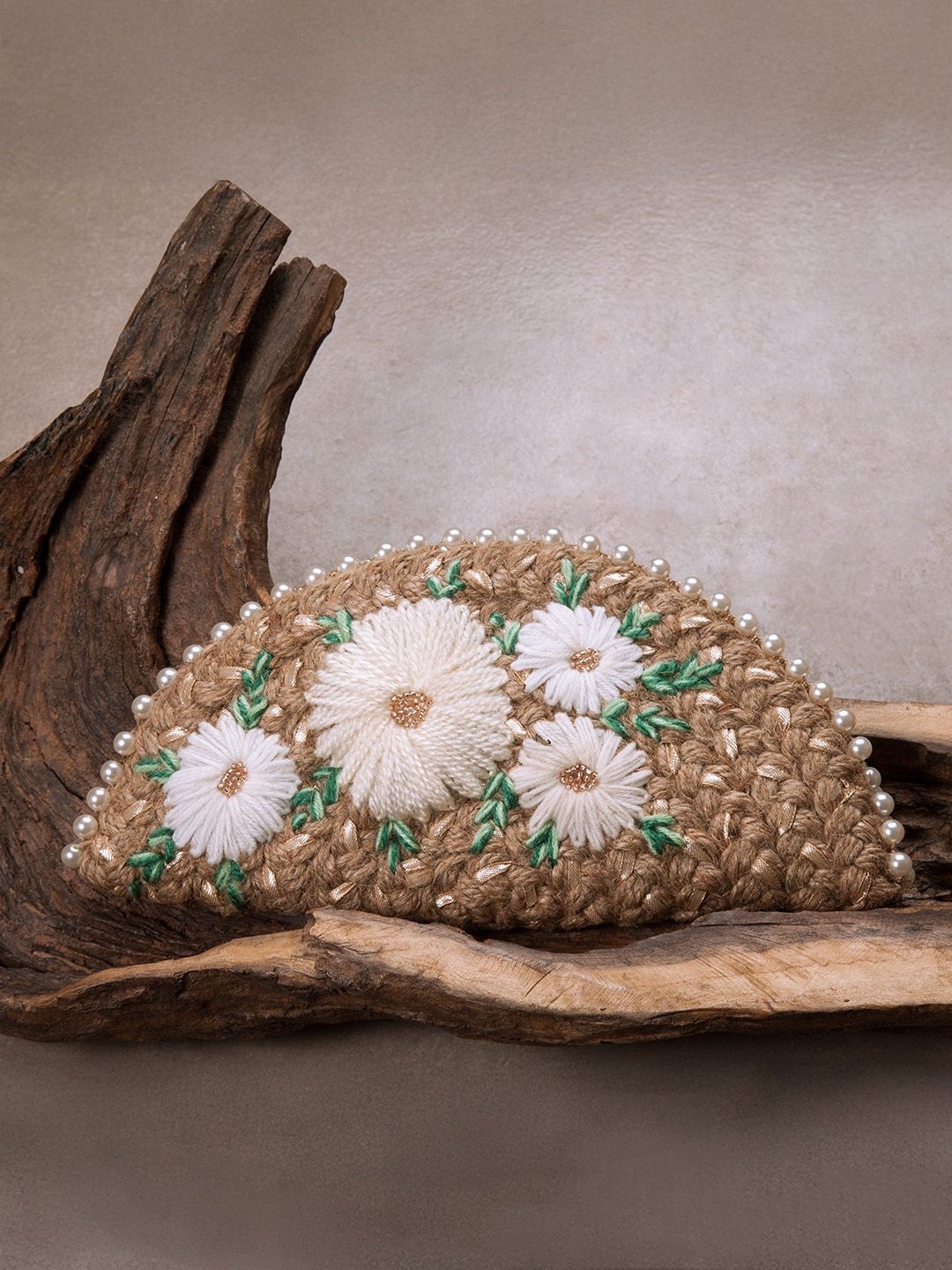 

Dhaaga Life Serene Embroidered Half Moon Clutch, Off white