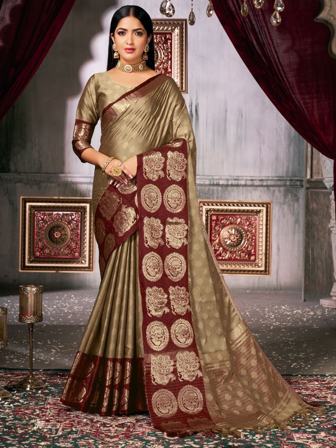 

choiceit Woven Design Zari Pure Silk Saree, Beige