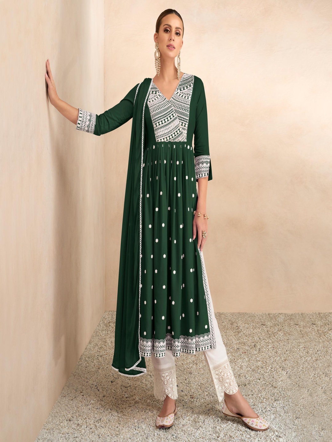 

Peachmode Floral Embroidered Empire Thread Work Kurta with Trousers & Dupatta, Green