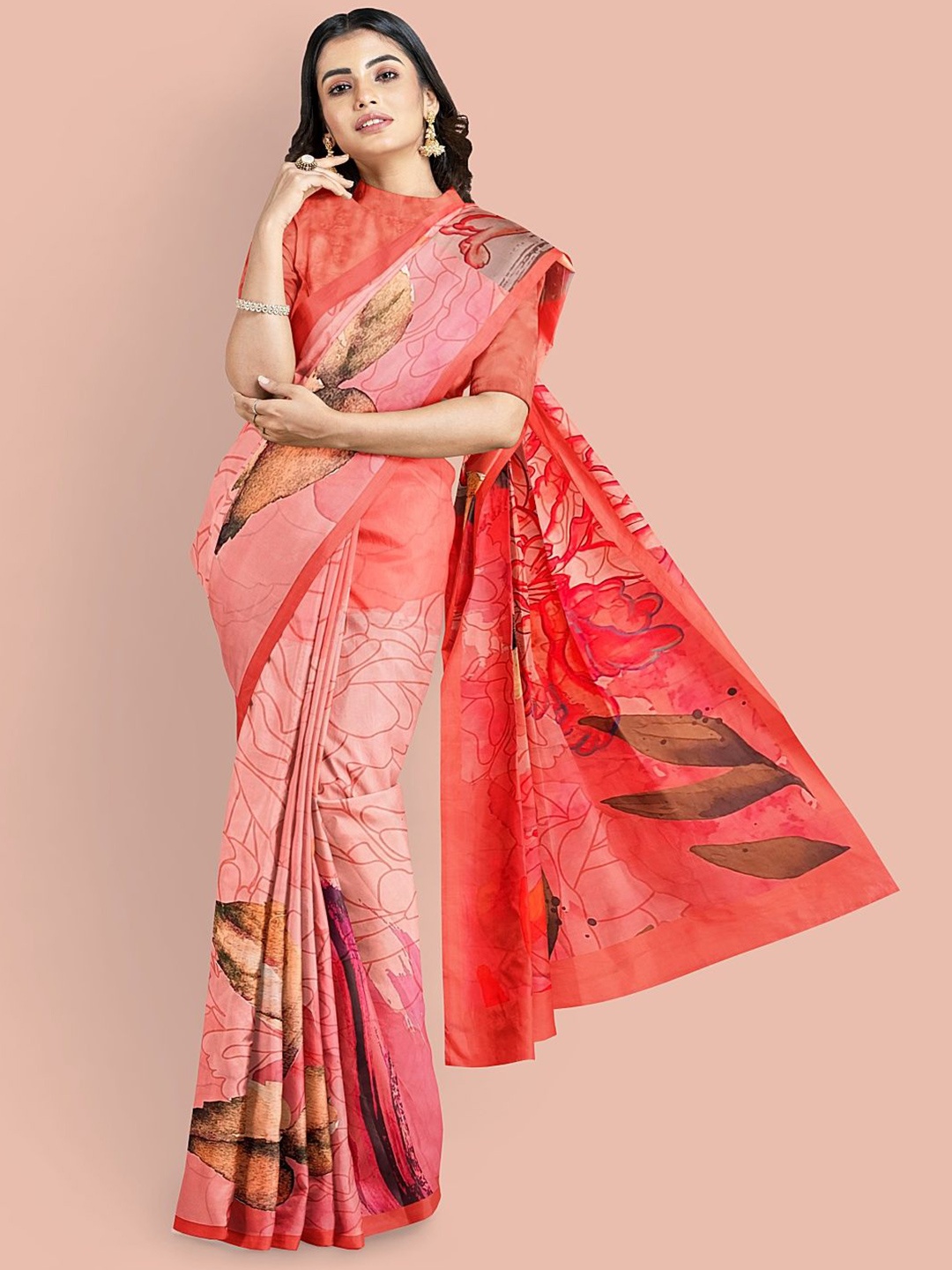 

Avyay Creation Floral Printed Silk Crepe Saree, Red