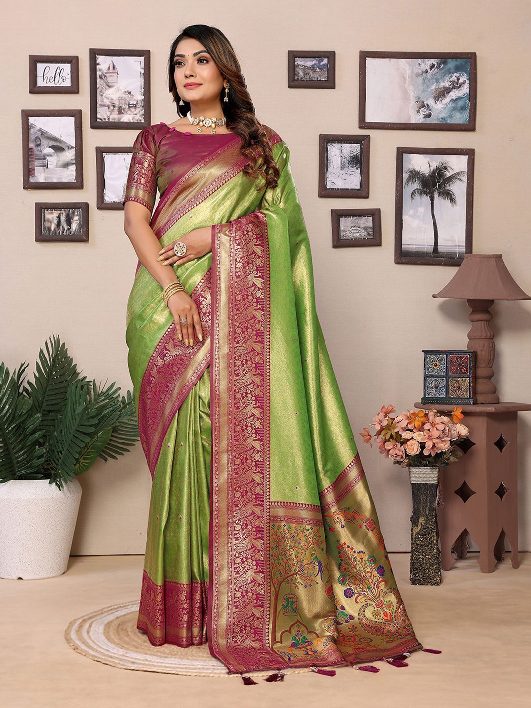 

Mitera Woven Design Zari Silk Blend Designer Banarasi Saree, Green