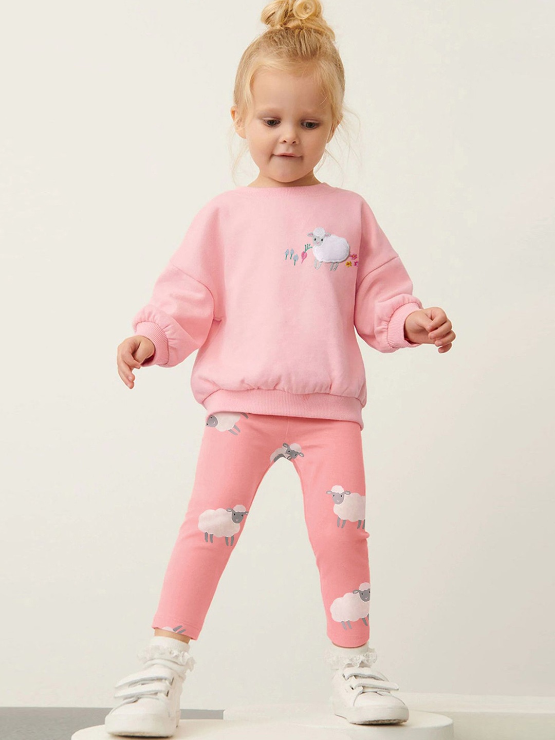 

LULU & SKY Girls Printed Pure Cotton Sweatshirt With Leggings, Pink