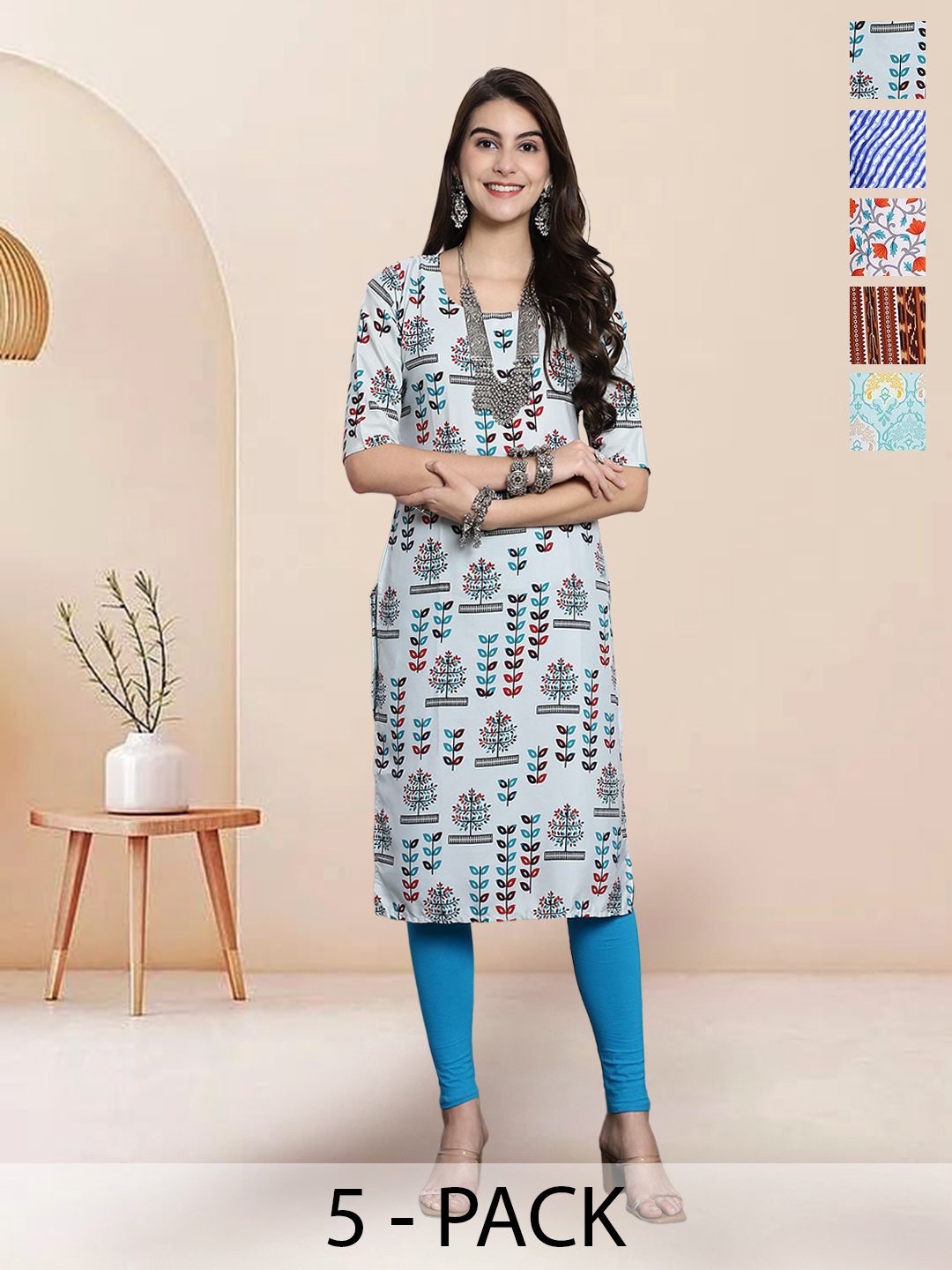 

7Threads Selection Of 5 Floral Printed Straight Kurtas, Blue