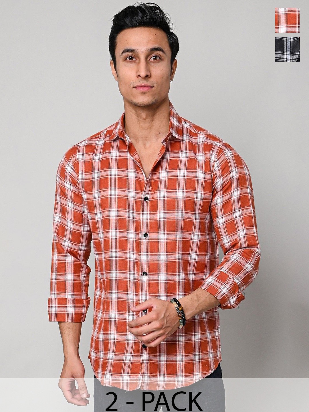 

Tanip Men Pack Of 2 Spread Collar Tartan Checked Cotton Casual Shirts, Orange