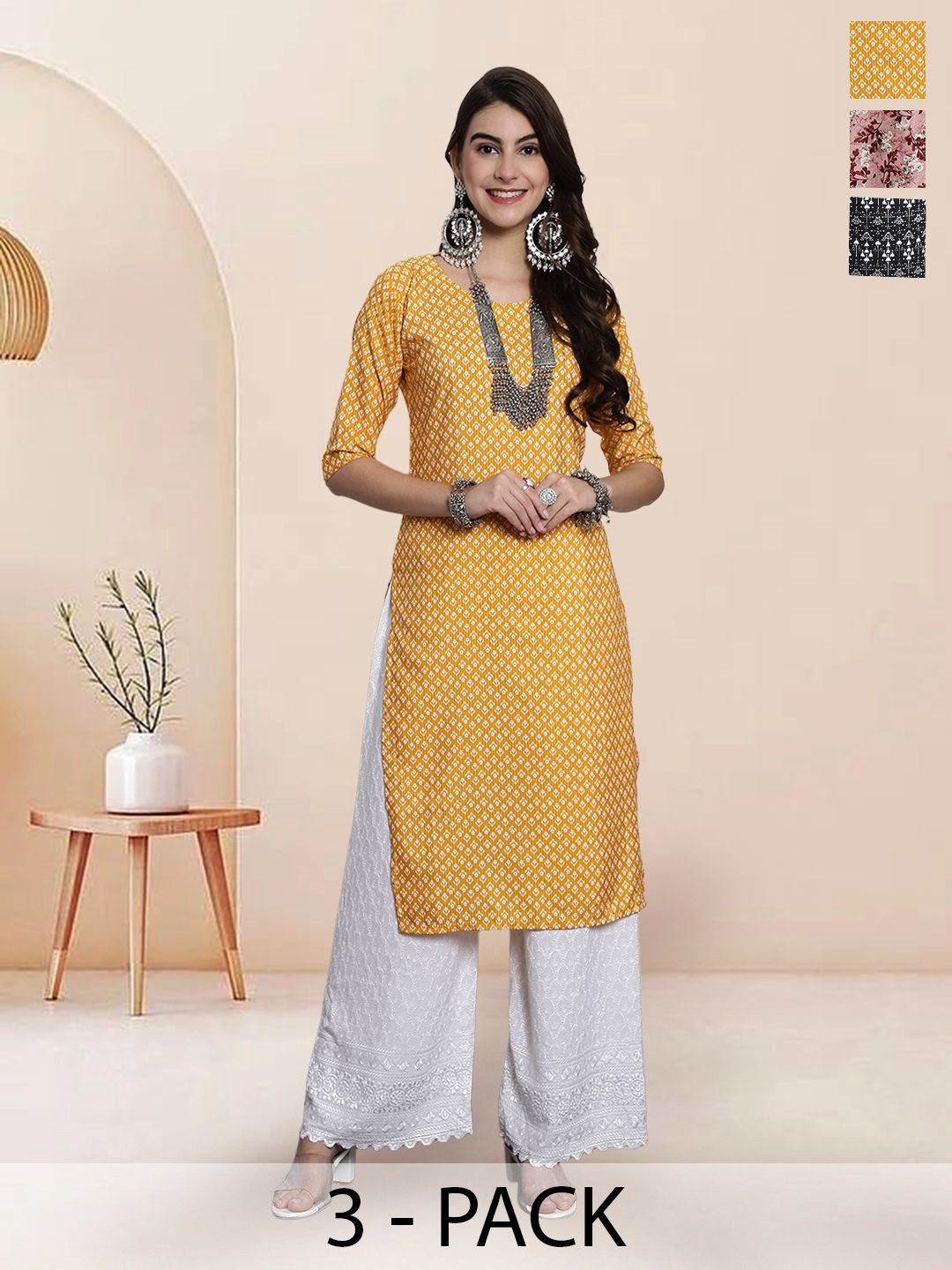 

7Threads Selection Of 4 Floral Printed Round Neck Straight Kurtas, Multi