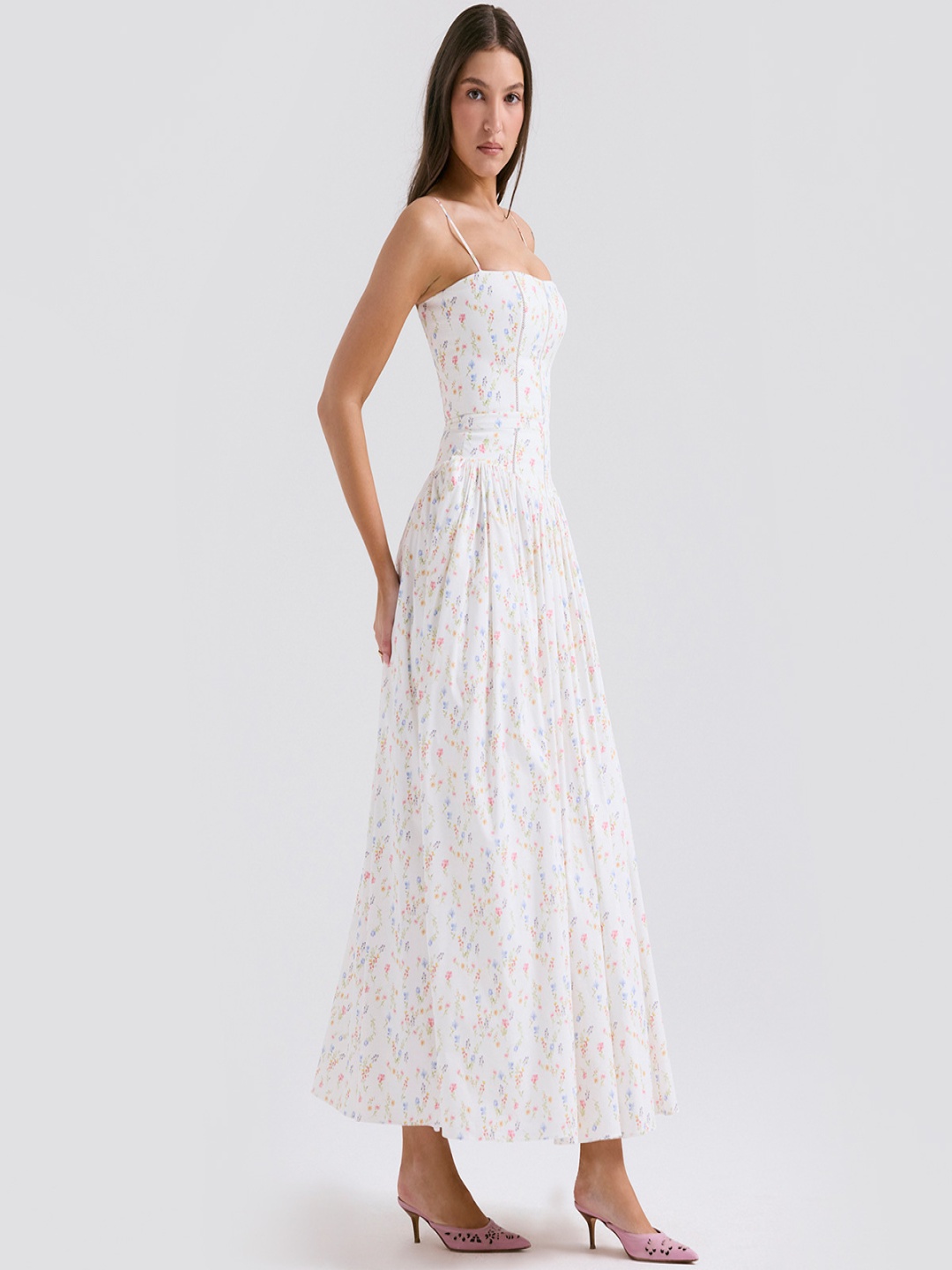 

bebe Floral Print Fit and Flare Maxi Dress, White