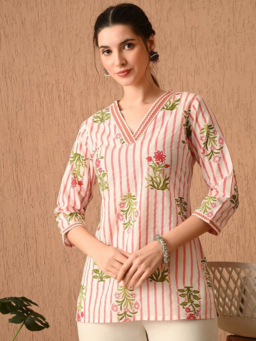 

Dipani Floral Print Bohemian Cotton Top, Off white