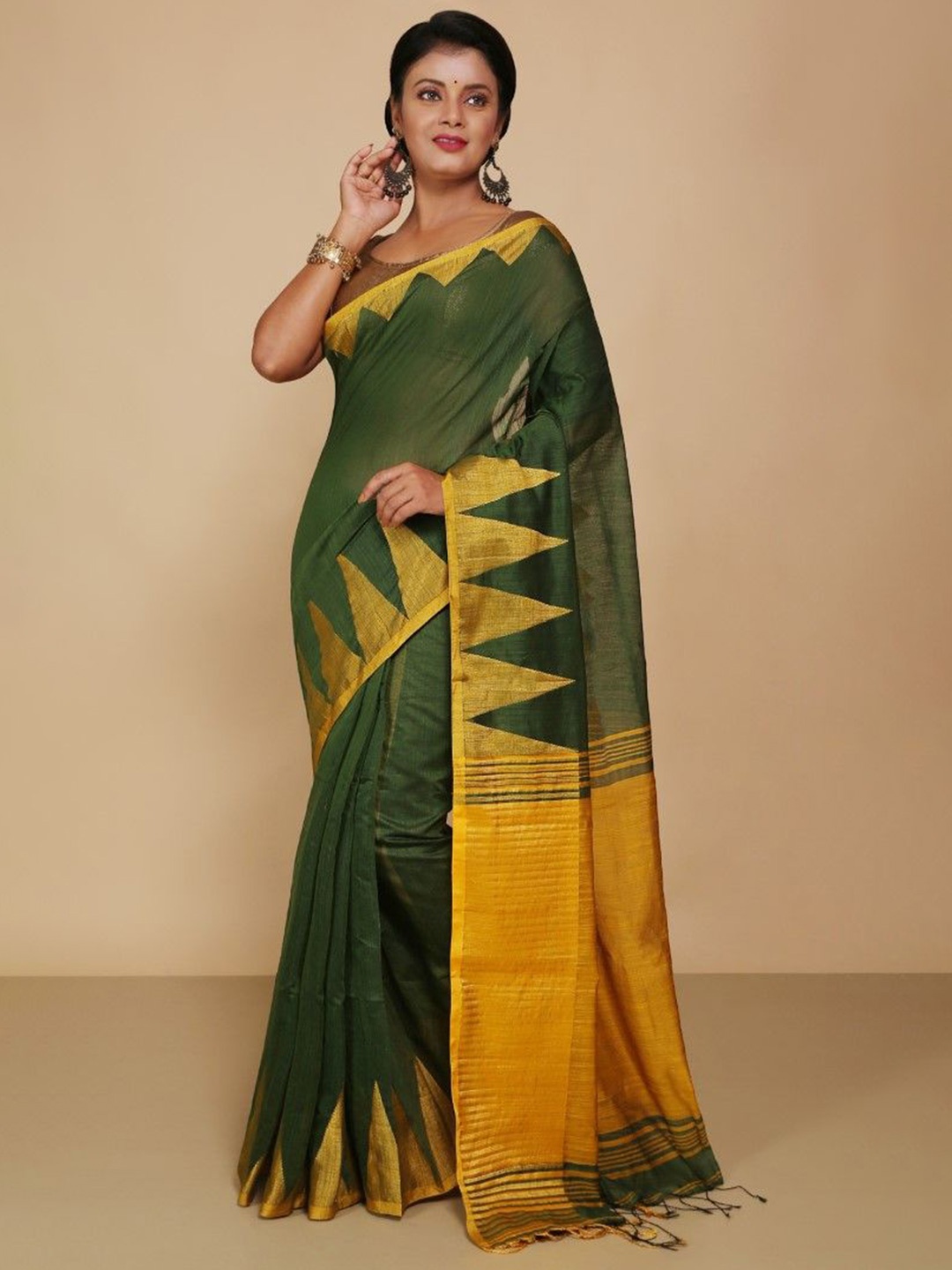 

BENGAL HANDLOOM Art Silk Taant Saree, Green