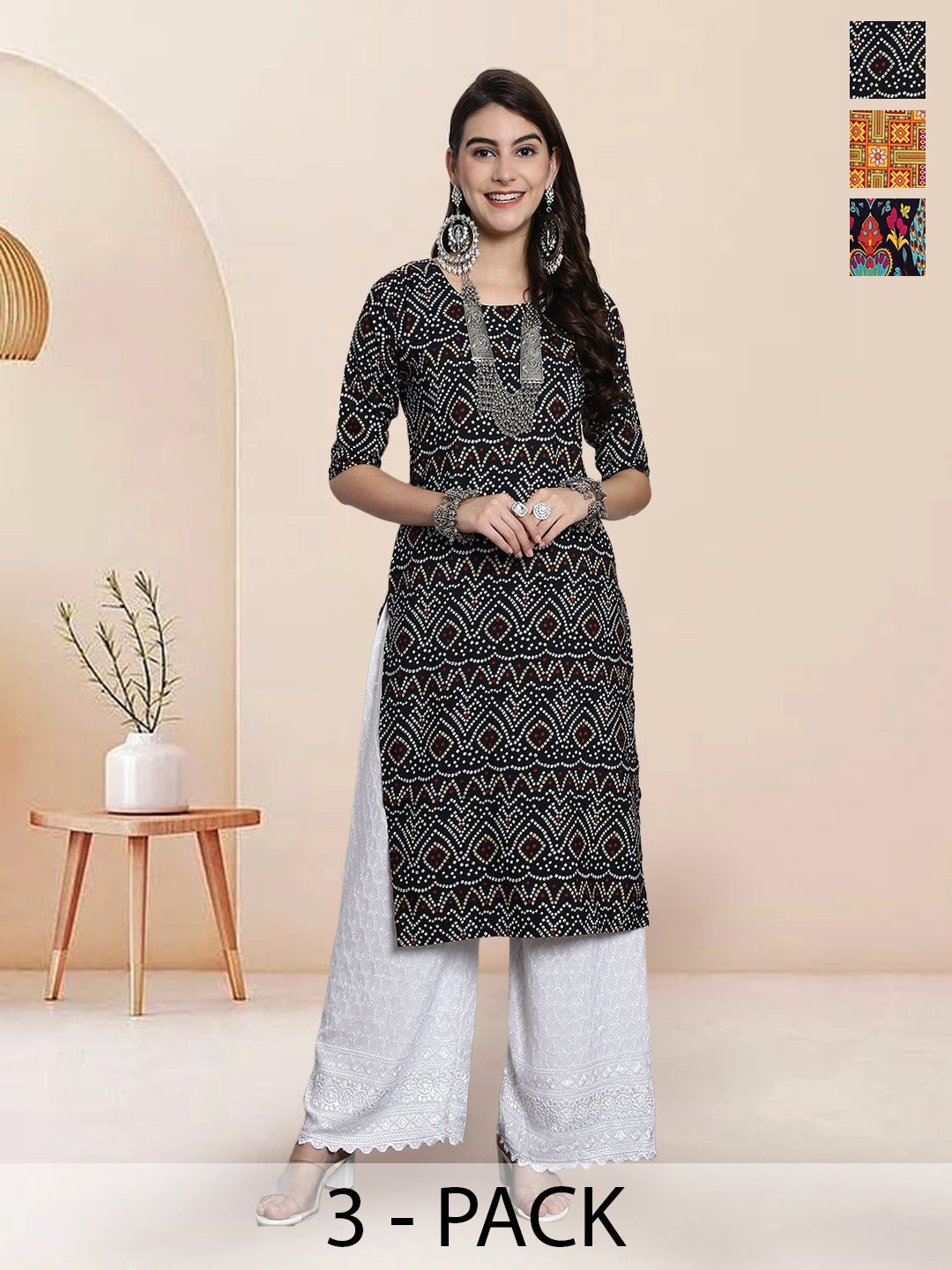 

7Threads Selection Of 3 Bandhani Printed Round Neck Straight Kurtas, Black