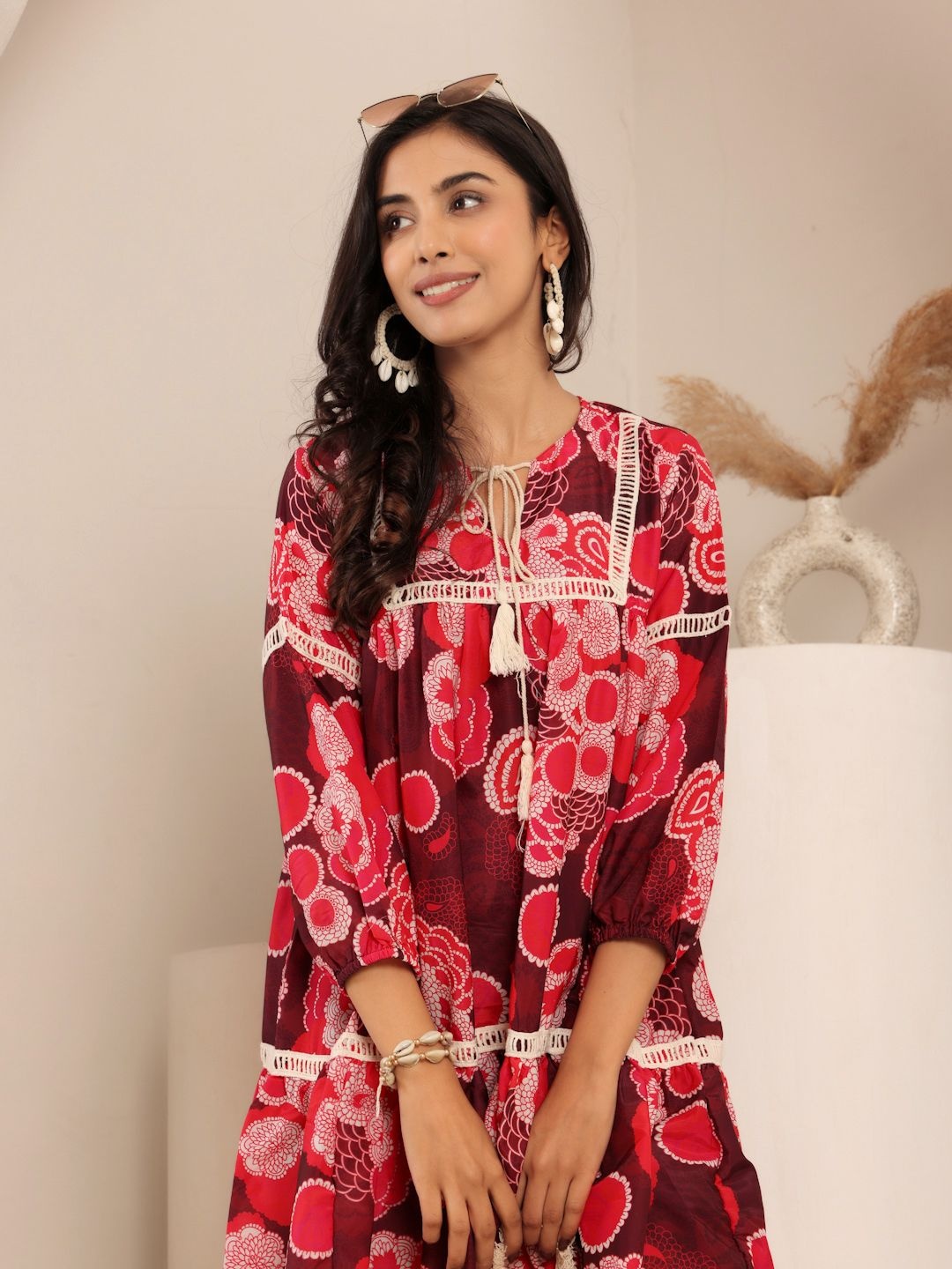 

Varanga Floral Print Puff Sleeve A-Line Dress, Maroon