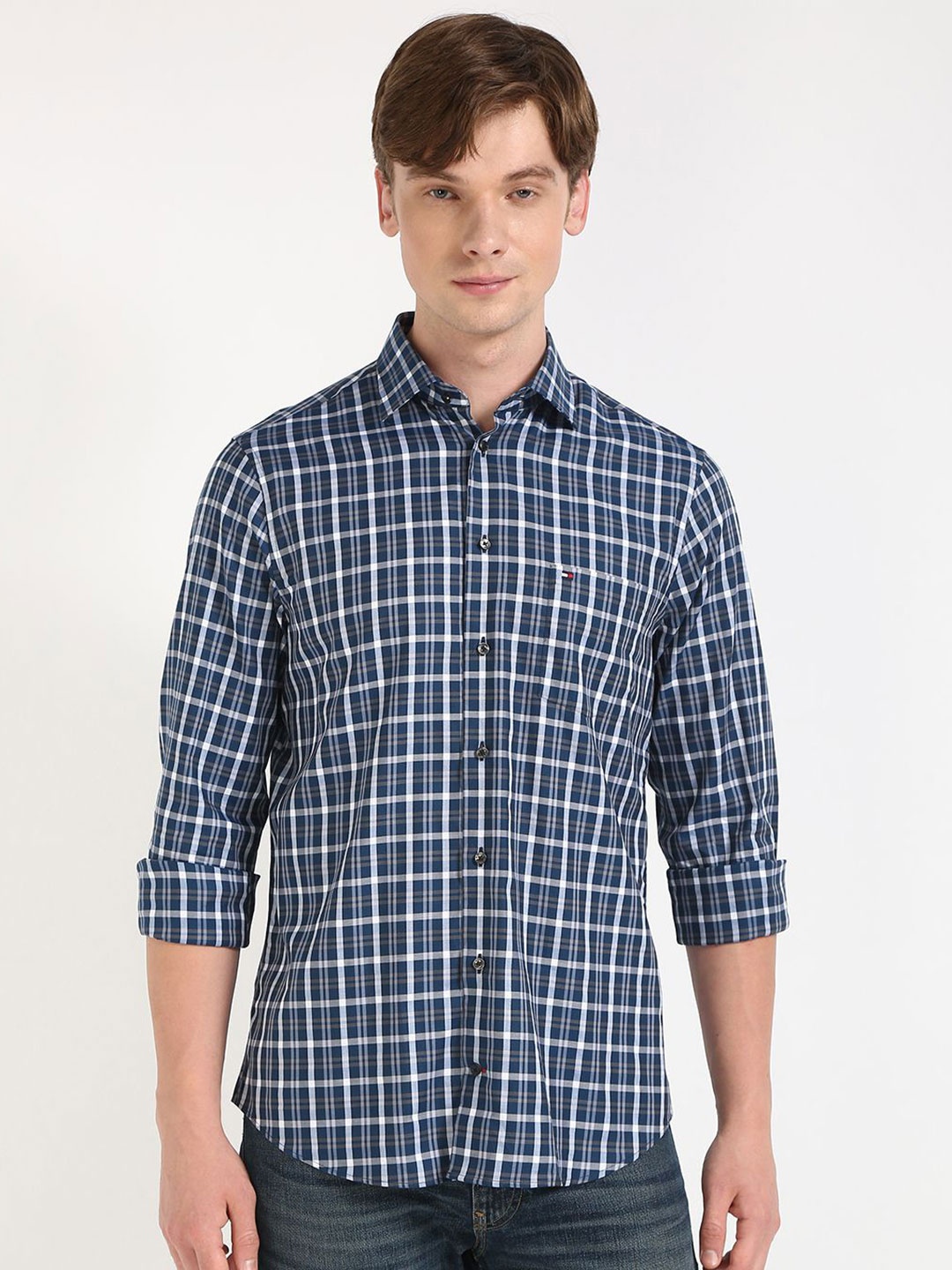 

Tommy Hilfiger Men Spread Collar Tartan Checked Cotton Casual Shirt, Navy blue