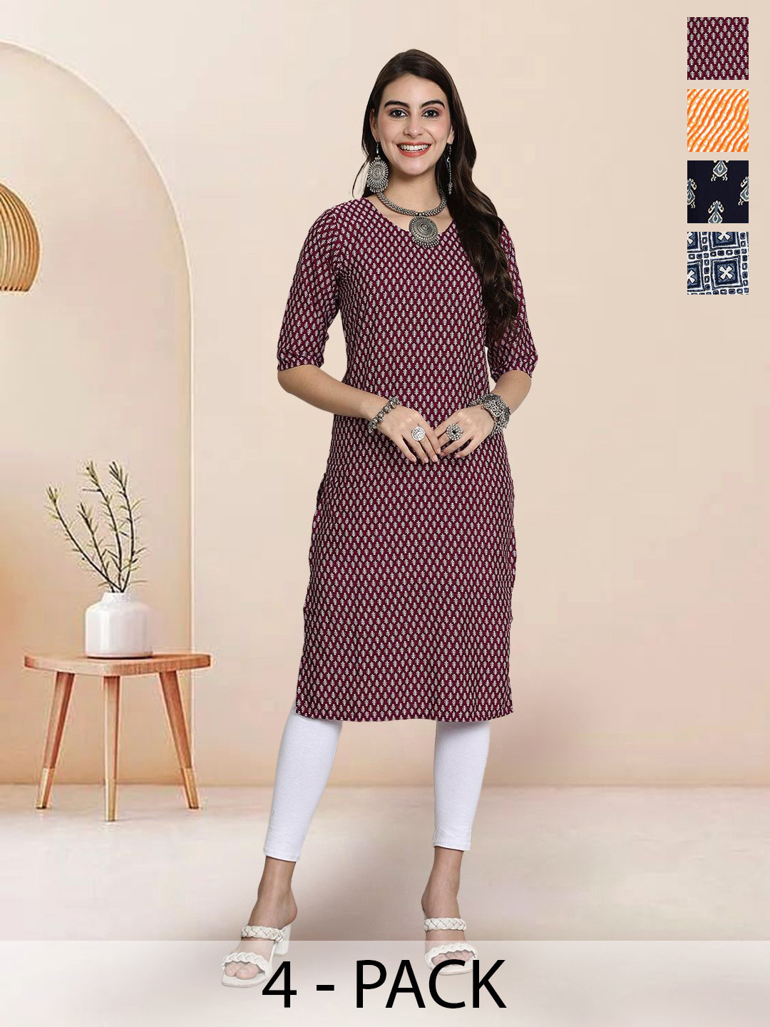 

7Threads Selection Of 4 Floral Printed Round Neck Straight Kurtas, Maroon
