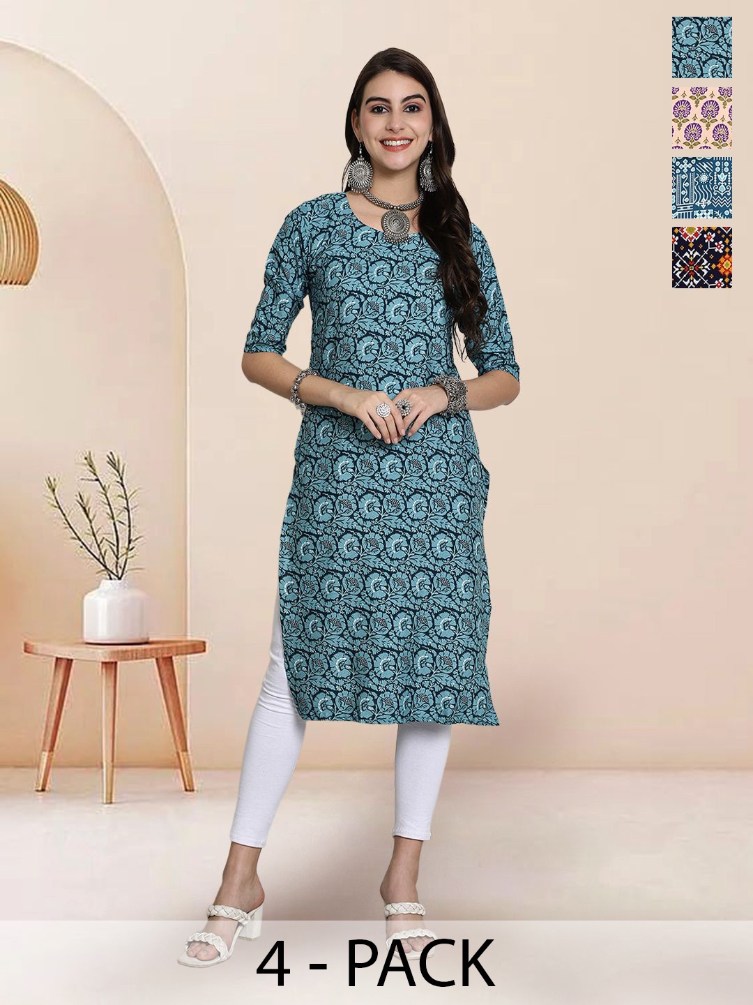 

7Threads Selection Of 4 Floral Printed Round Neck Straight Kurtas, Turquoise blue