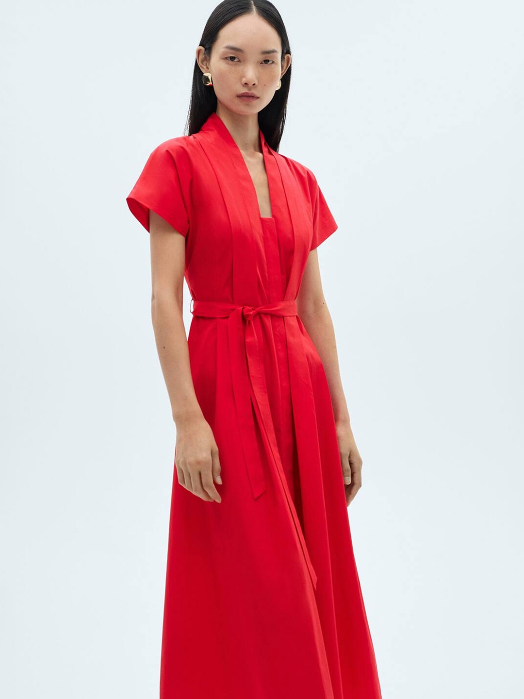 

MANGO Belted Detail Pure Cotton Midi Kimono-Shaped Dress, Red
