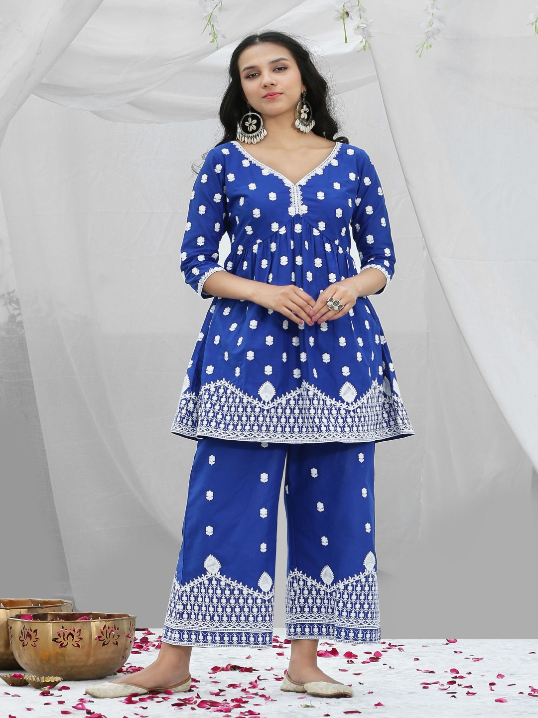 

SEW Ethnic Motifs Embroidered Thread Work Pure Cotton V-Neck A-Line Kurta With Trouser, Blue