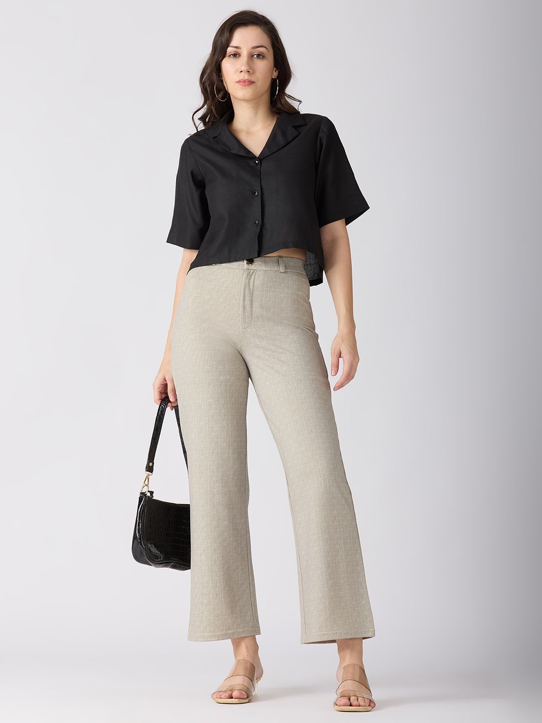 

Globus Self Checked Design Stretchable Mid-Rise Straight Fit Workwear Trousers, Beige
