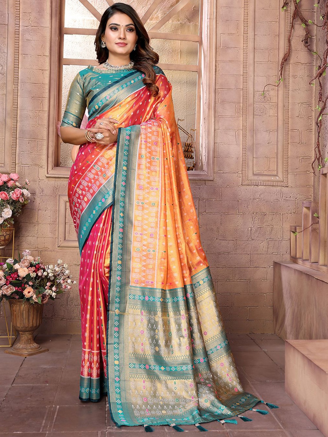 

Mitera Woven Design Zari Silk Blend Banarasi Saree, Orange