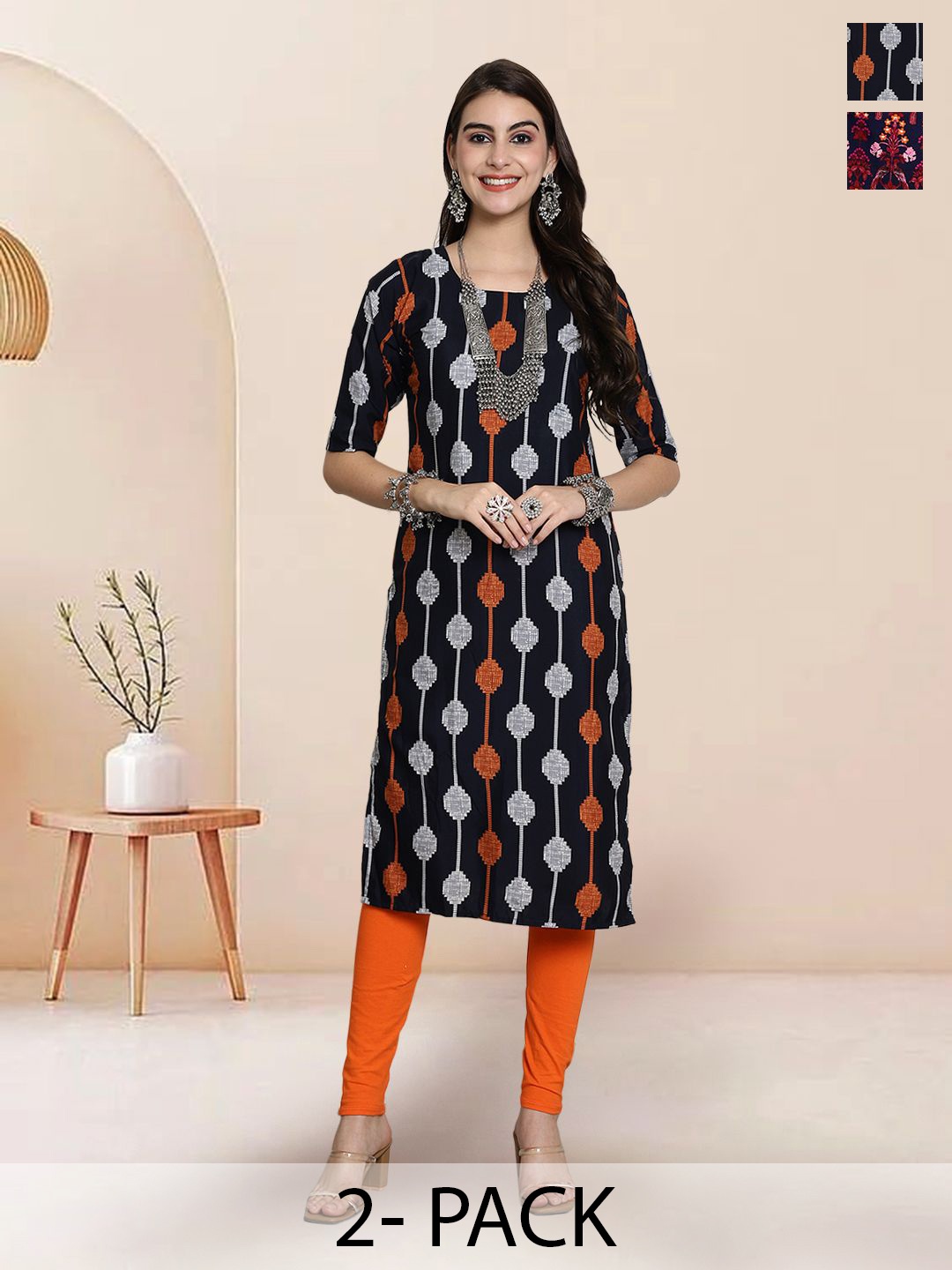 

7Threads Selection Of 2 Geometric Printed Round Neck Straight Kurtas, Black