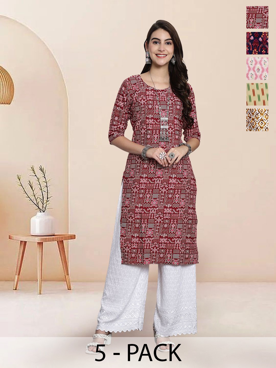 

7Threads Selection Of 6 Geometric Printed Round Neck Straight Kurtas, Red