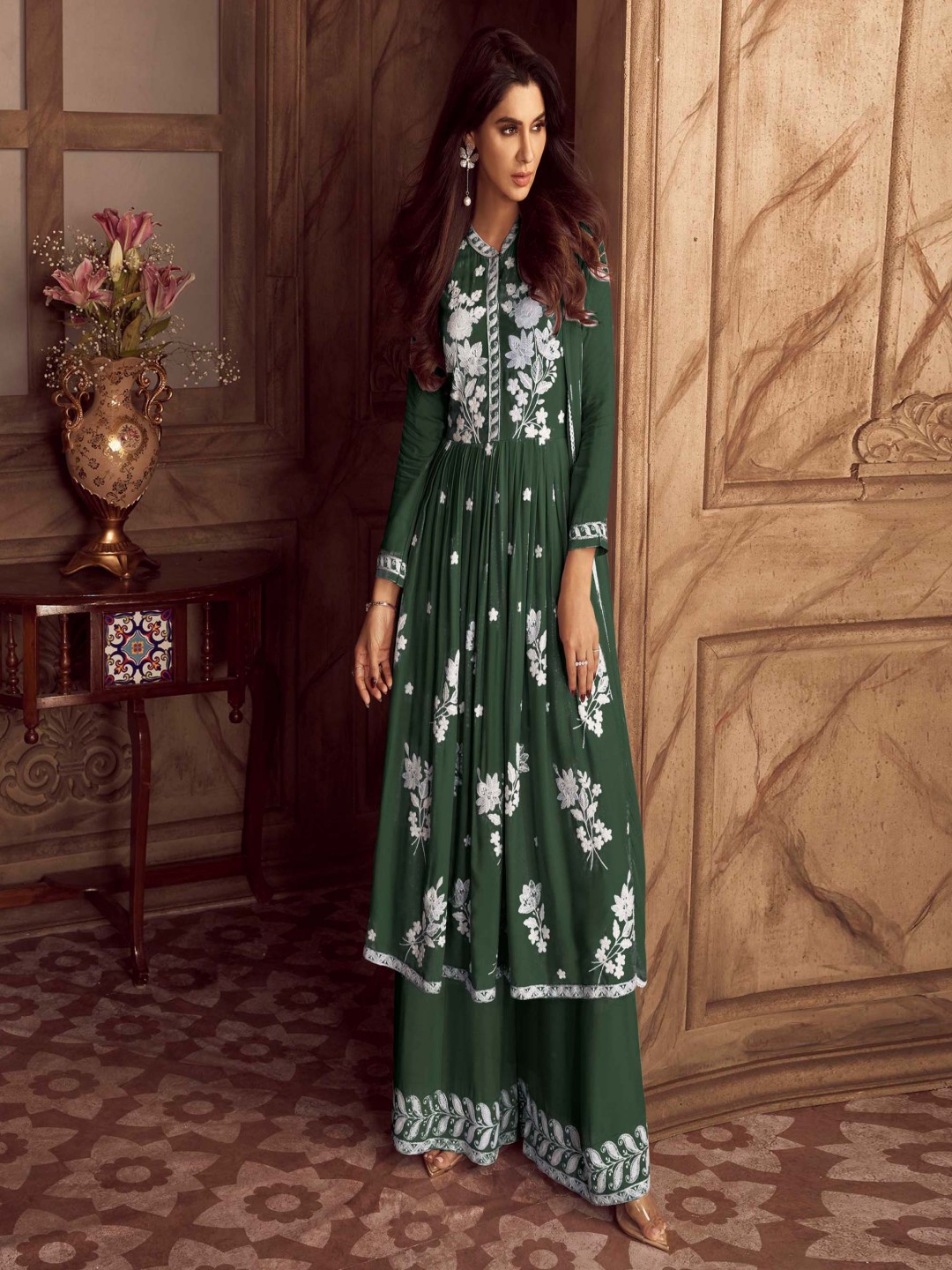 

Peachmode Floral Embroidered Lucknowi Thread Work Anarkali Kurta With Palazzos & Dupatta, Green