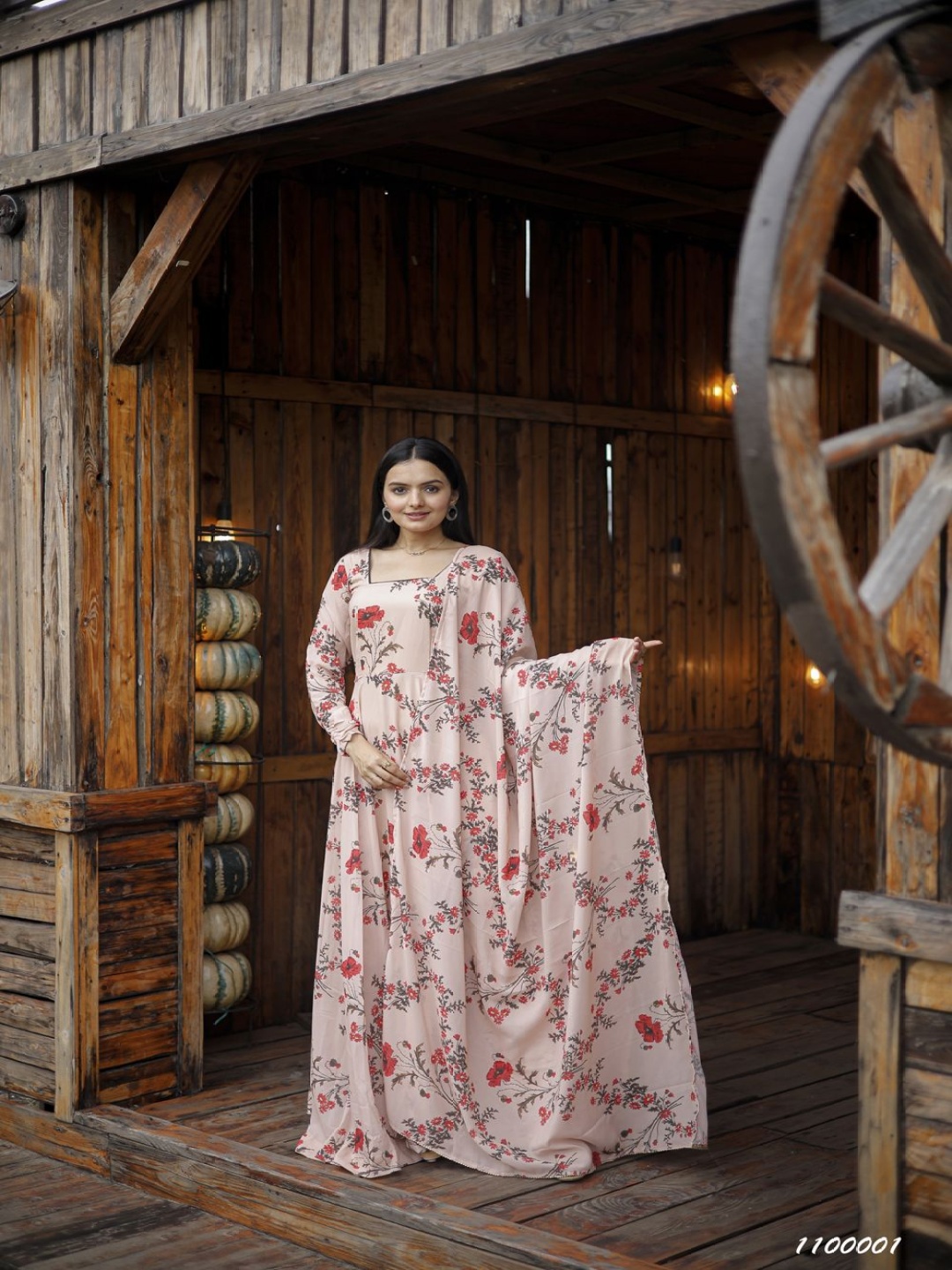 

VARNI FABRICS Floral Printed Square Neck Georgette Maxi Gown Ethnic Dress with Dupatta, Peach