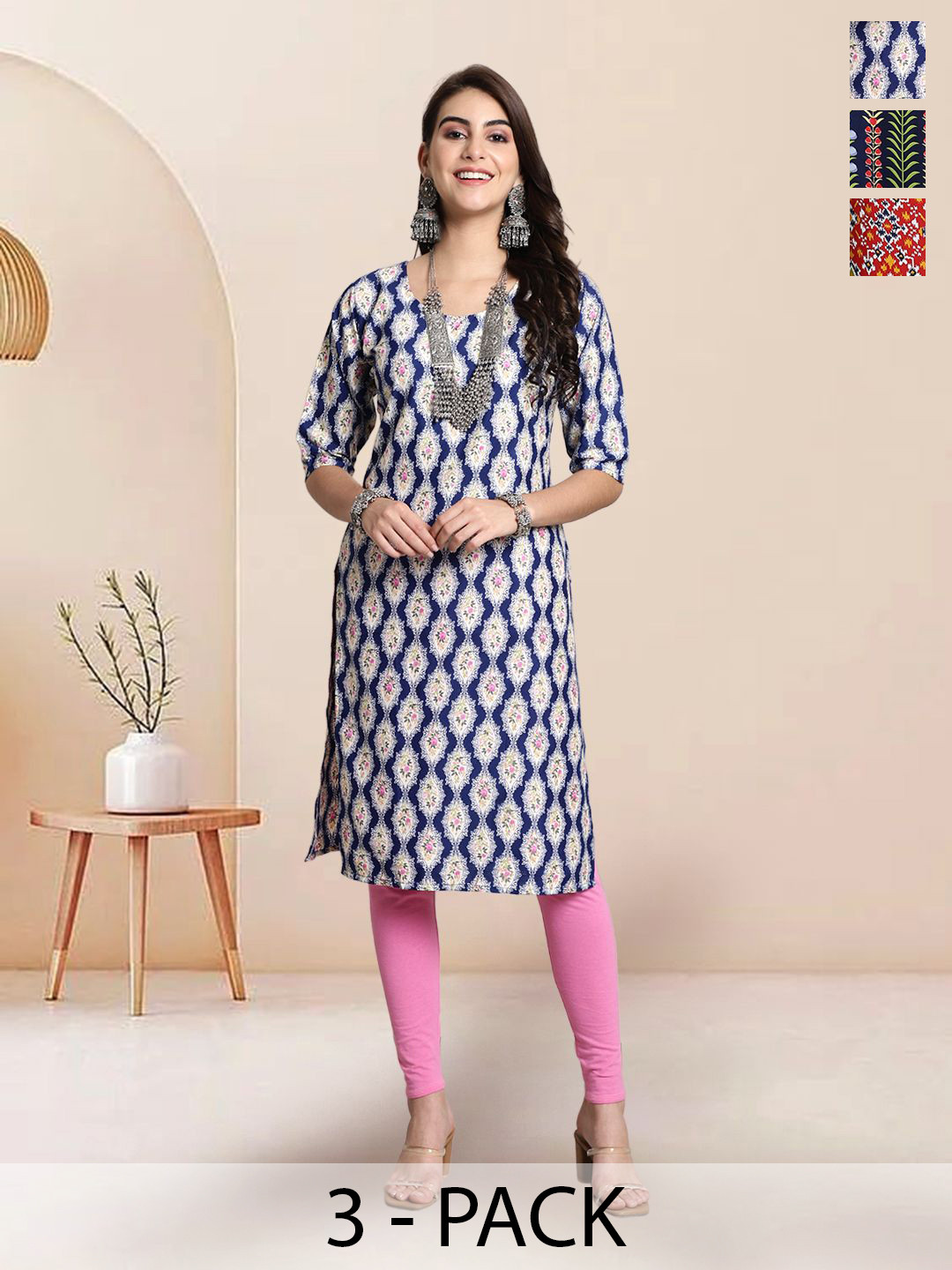 

7Threads Selection Of 3 Floral Printed Round Neck Kurtas, Blue