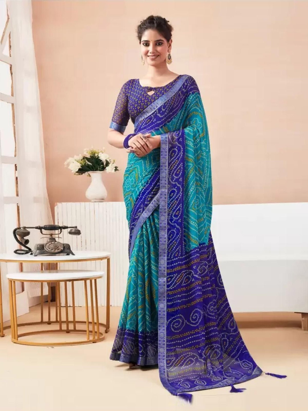 

DURGA EMPORIO Bandhani Pure Chiffon Bandhani Saree, Blue