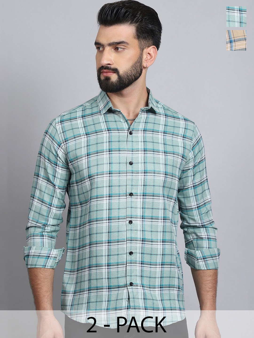 

Tanip Men Pack Of 2 Spread Collar Tartan Checked Cotton Casual Shirts, Green
