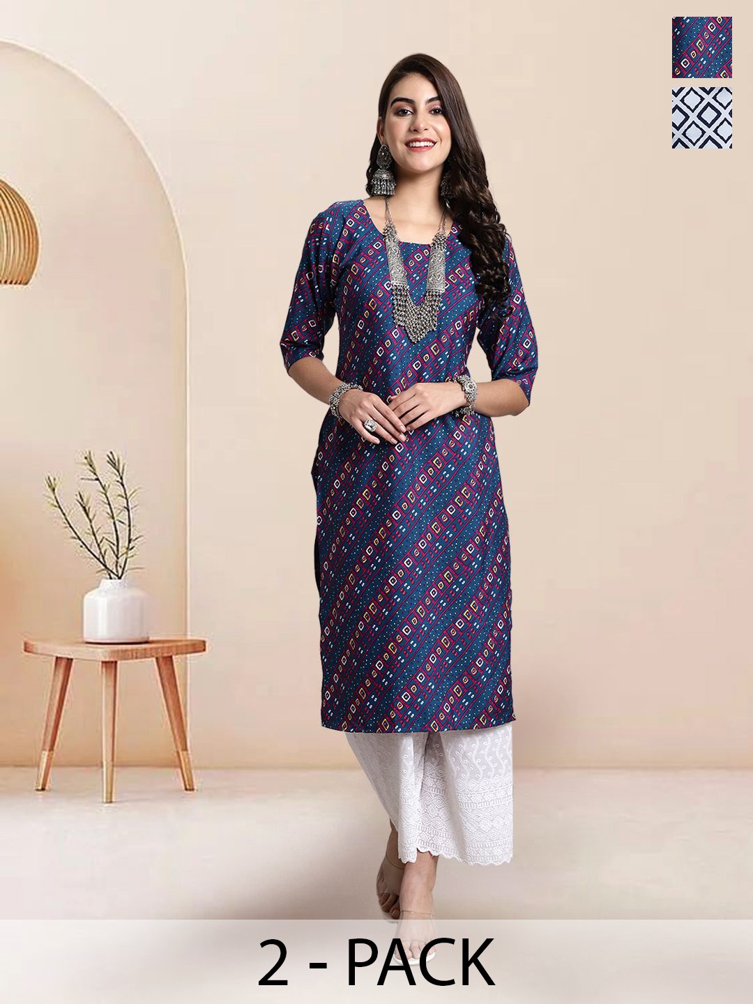 

7Threads Selection Of 2 Geometric Printed Round Neck Straight Kurtas, Black