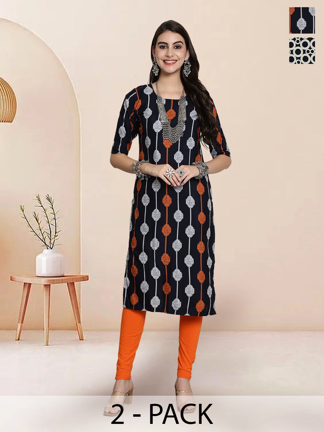 

7Threads Selection Of 2 Geometric Printed Straight Kurtas, Black