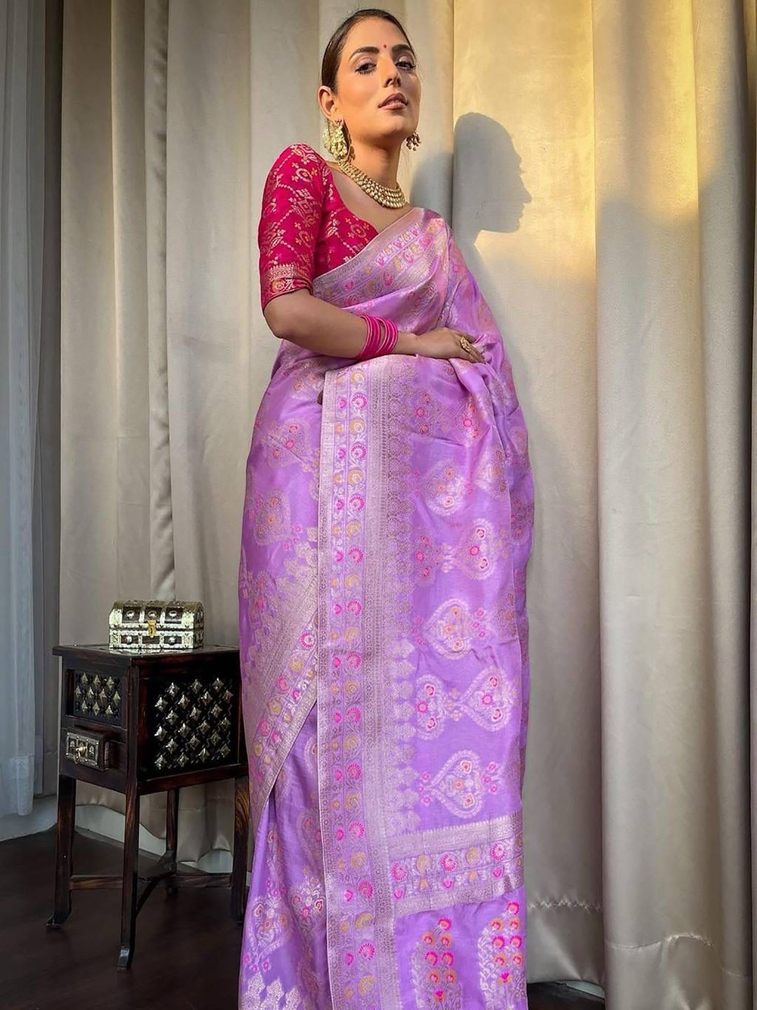 

KALINI Woven Design Zari Silk Blend Banarasi Saree, Purple