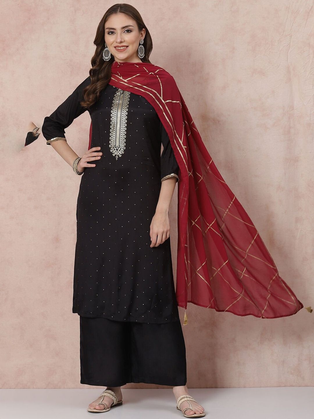 

Rangriti Polka Dot Printed Straight Kurta With Palazzos & Dupatta, Black