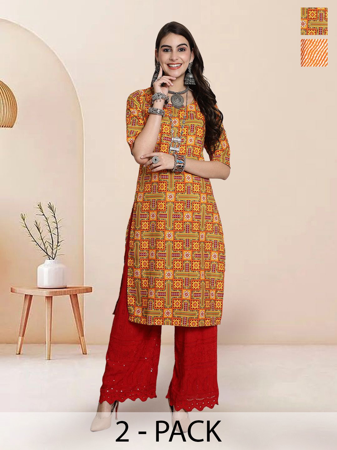 

7Threads Selection Of 2 Ethnic Motifs Printed Round Neck Straight Kurtas, Orange