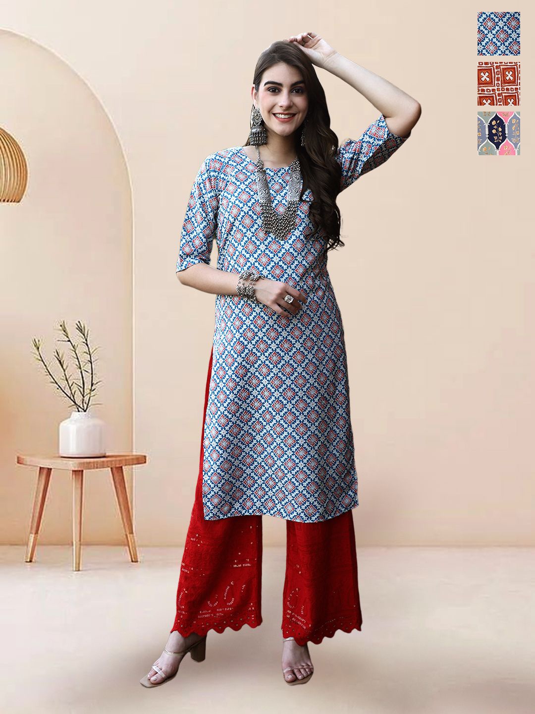 

7Threads Selection Of 3 Ethnic Motifs Printed Round Neck Straight Kurtas, Blue
