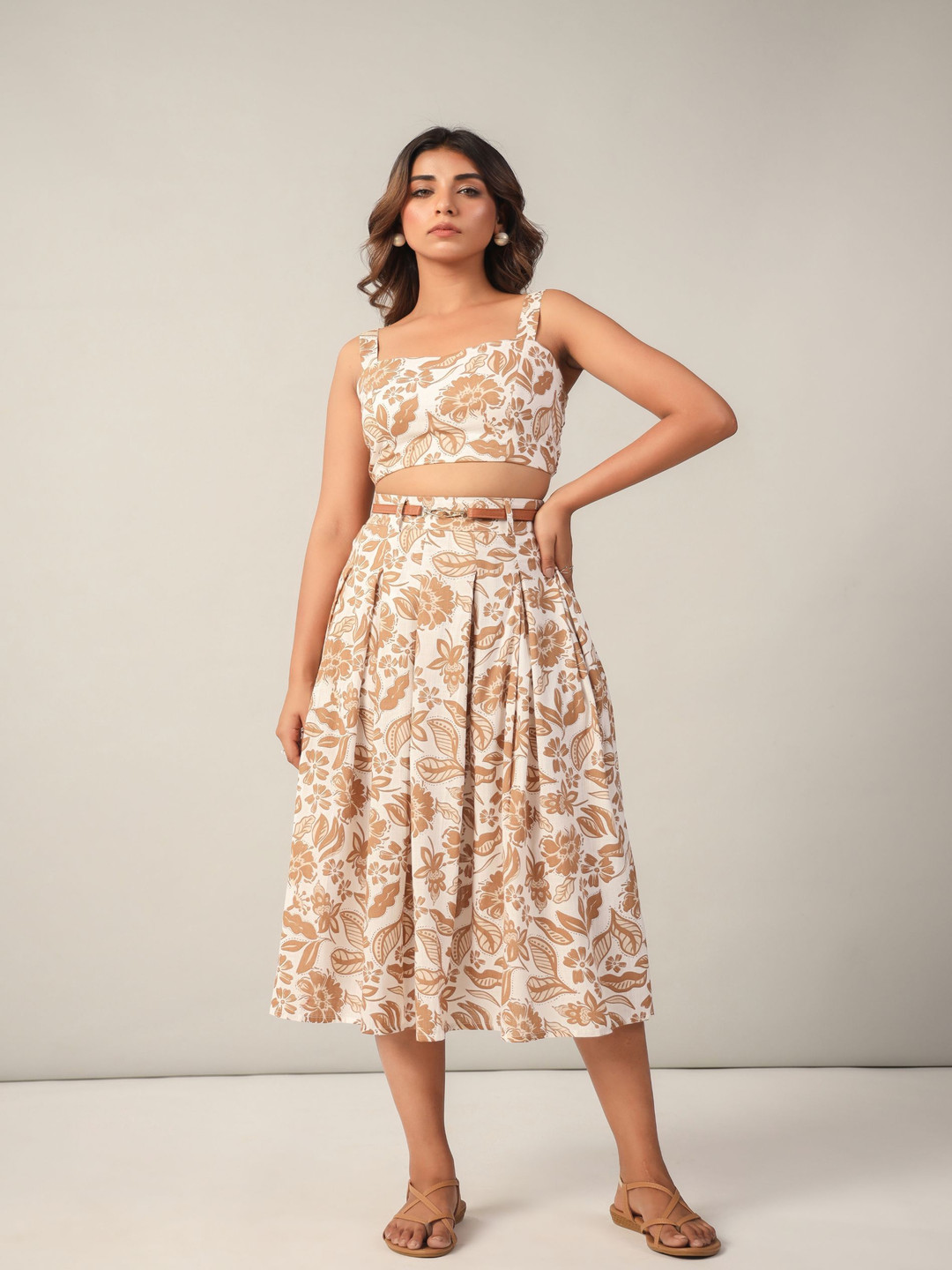 

June 9 Clothing Printed Shoulder Straps Neck Sleeveless Linen Top With Skirt, Off white