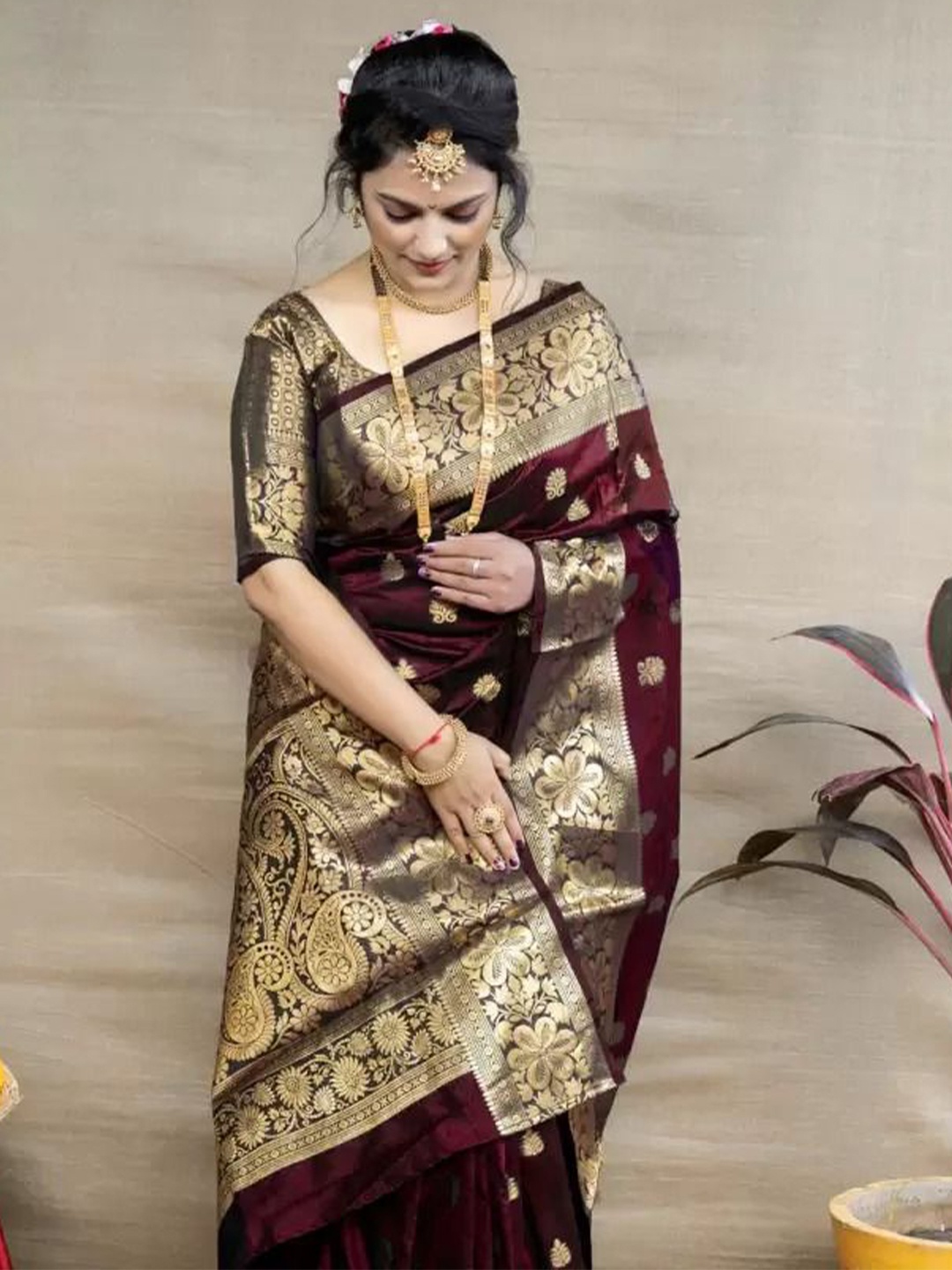 

KALINI Woven Design Zari Pure Silk Kanjeevaram Saree, Maroon