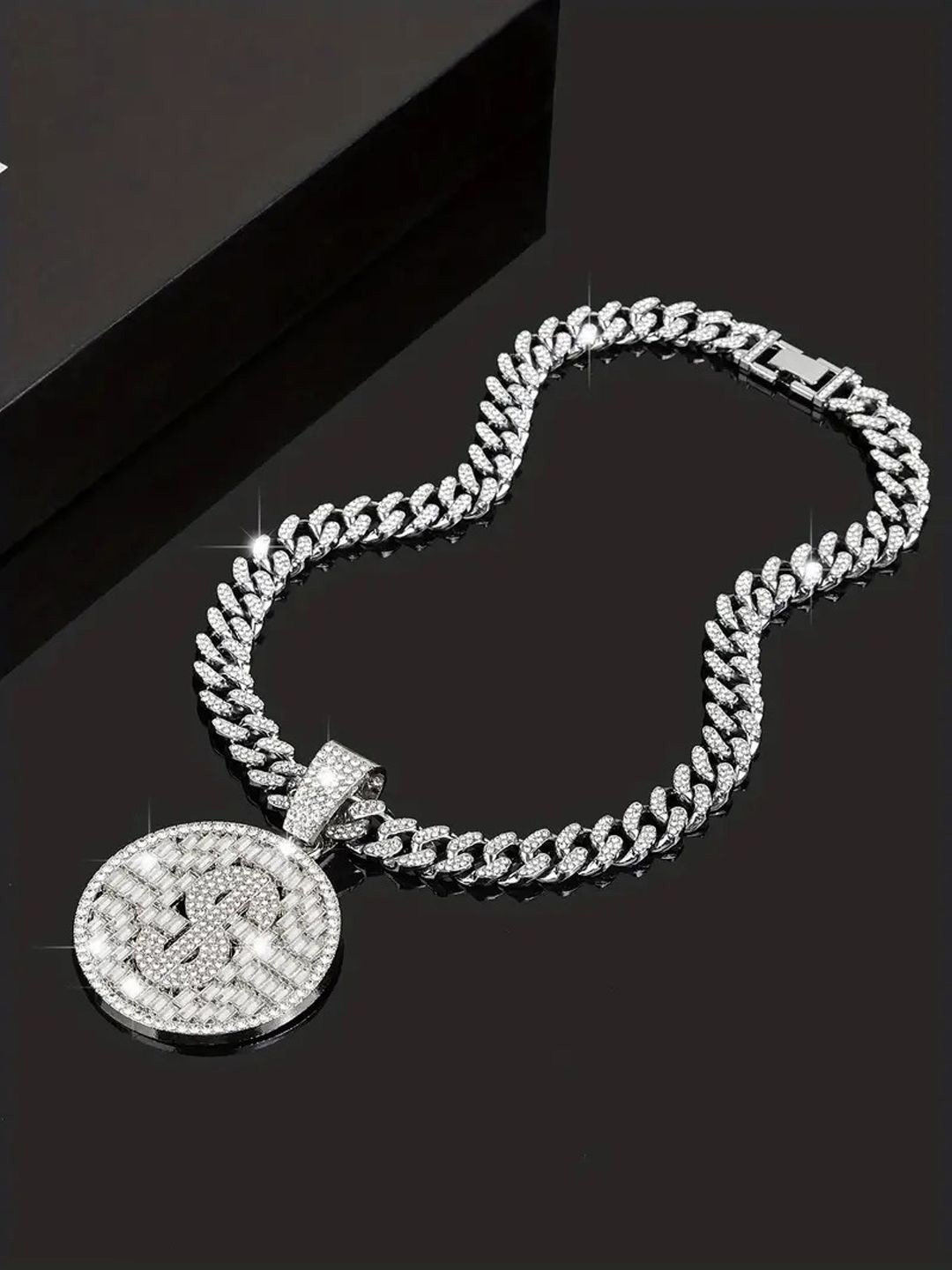 

KRENOZ Men Sterling Silver-Plated CZ-Studded Cuban Bling Dollar Pendant With Chain