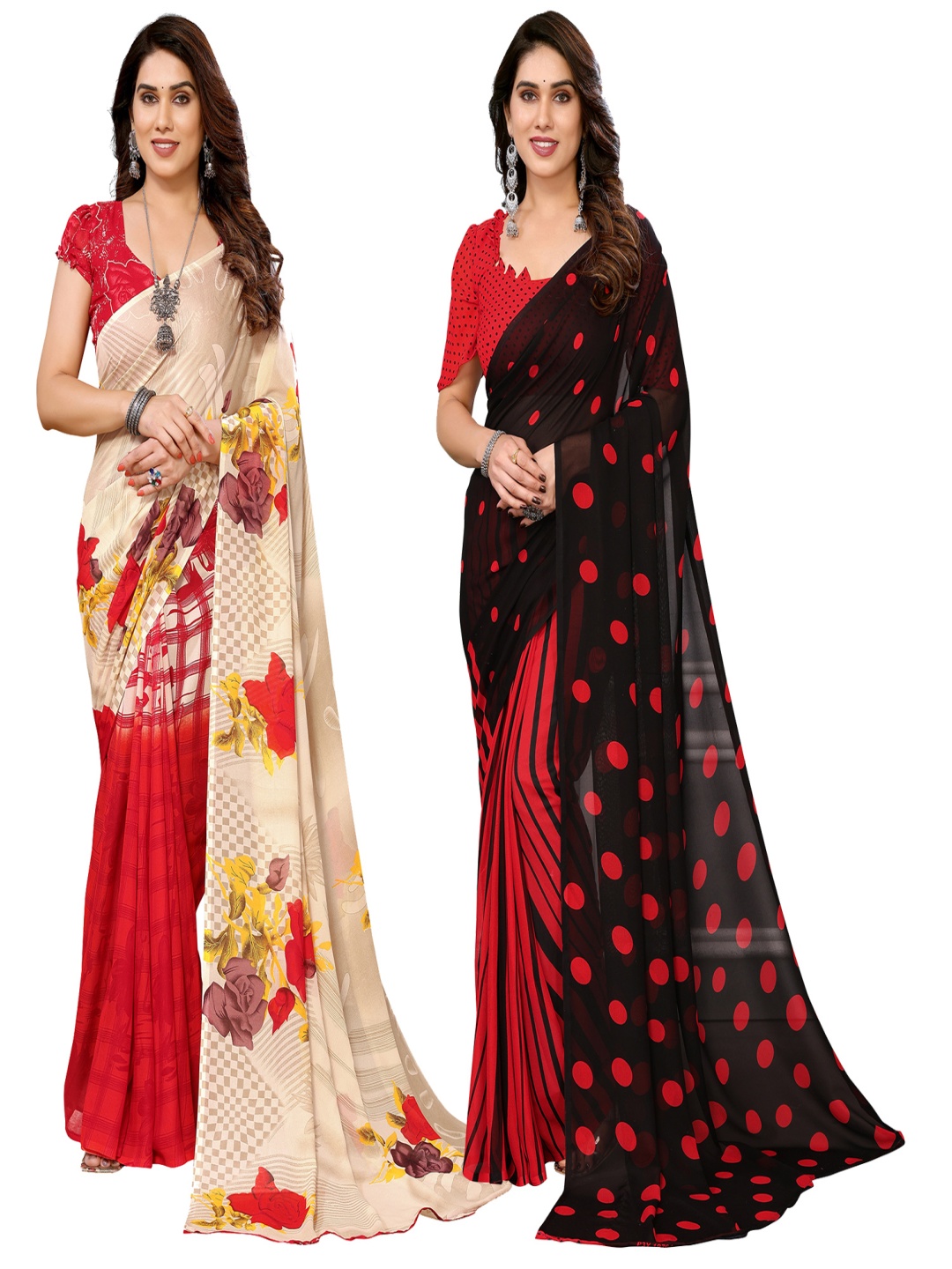 

ANAND SAREES Selection of 2 Floral Printed Sarees, Black