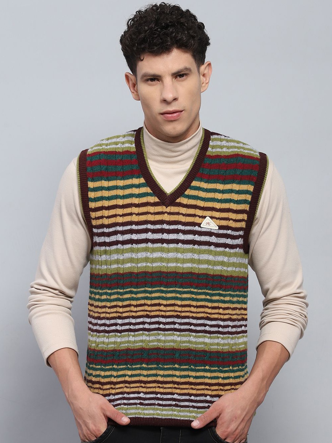 

Monte Carlo Men Striped Woollen Sweater Vest, Brown