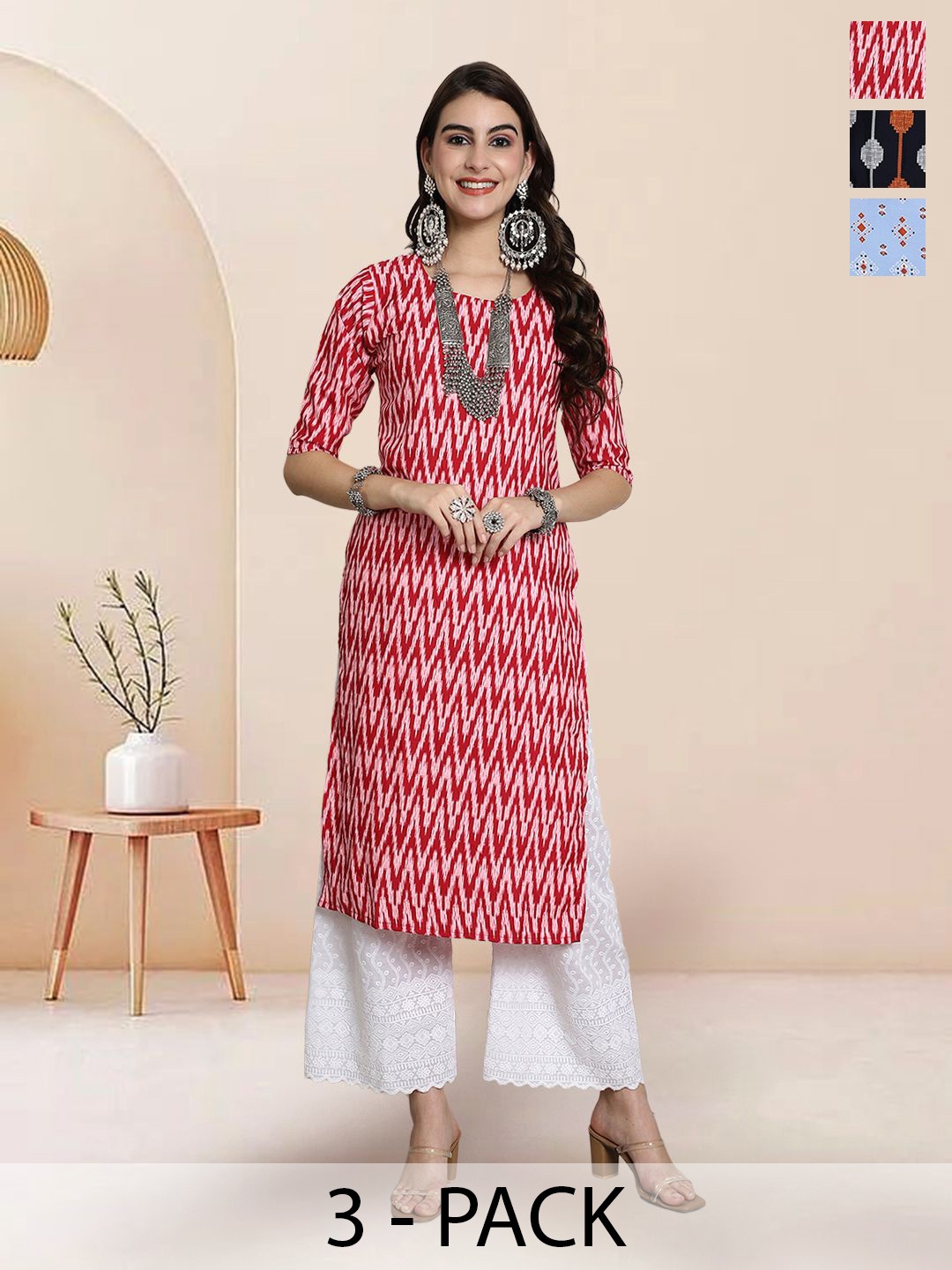 

7Threads Selection Of 3 Chevron Printed Round Neck Straight Kurtas, Red