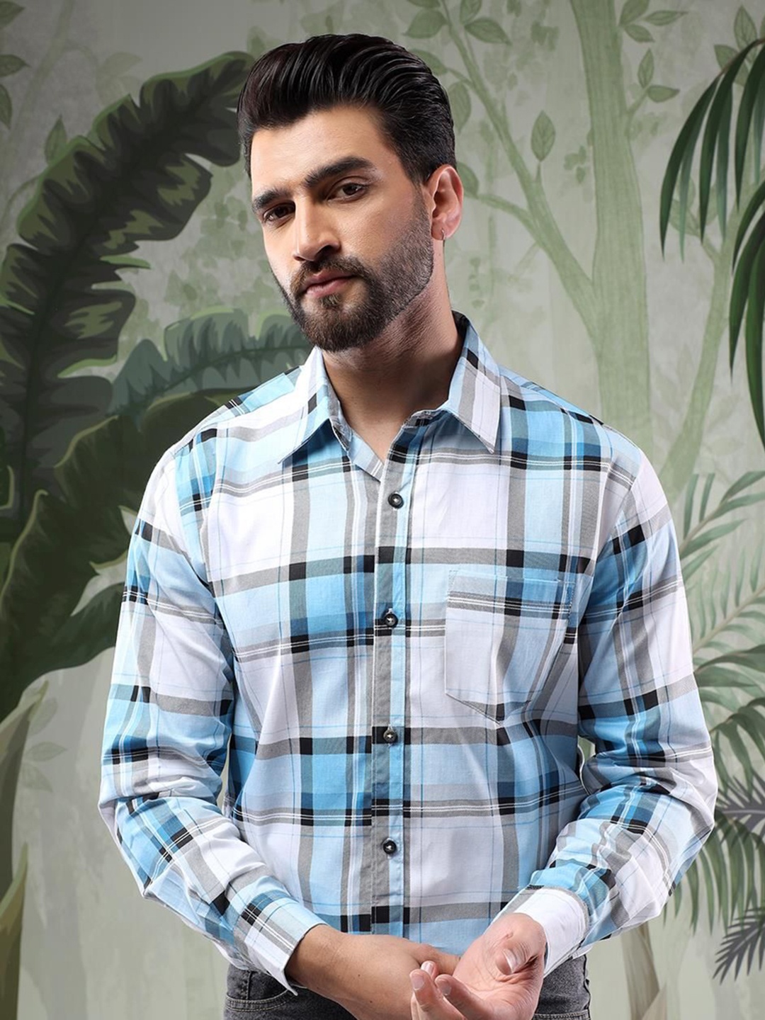 

Kotty Men Spread Collar Tartan Checked Casual Shirt, Off white