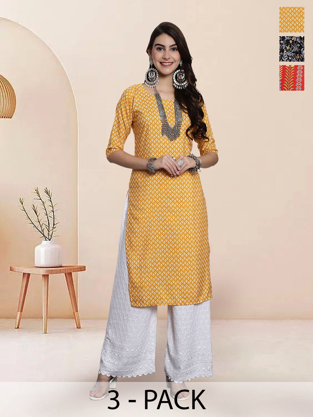 

7Threads Selection Of 3 Floral Printed Round Neck Kurtas, Yellow