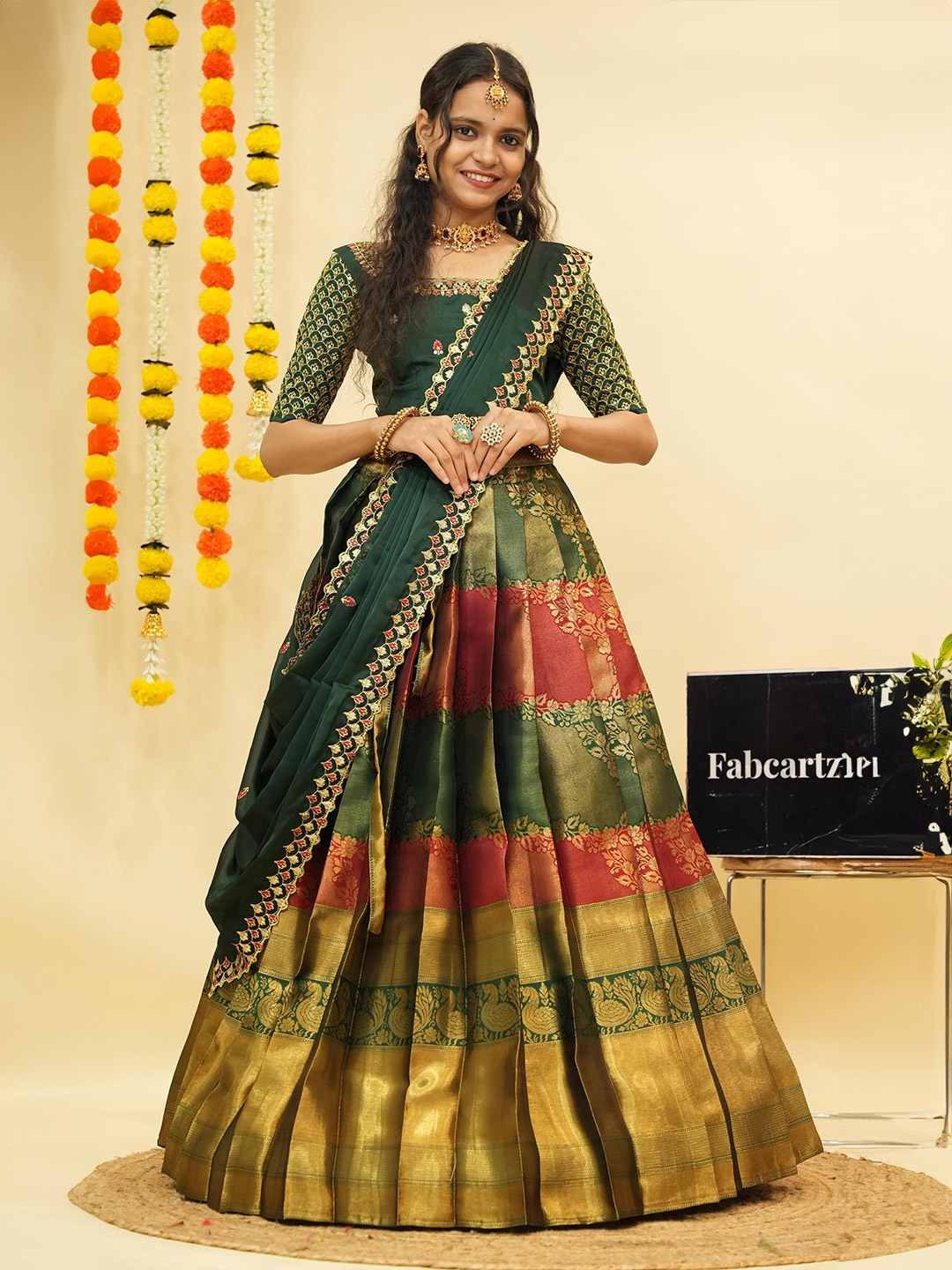 

Fabcartz Floral Woven Design Zari Semi-Stitched Lehenga & Unstitched Blouse With Dupatta, Maroon