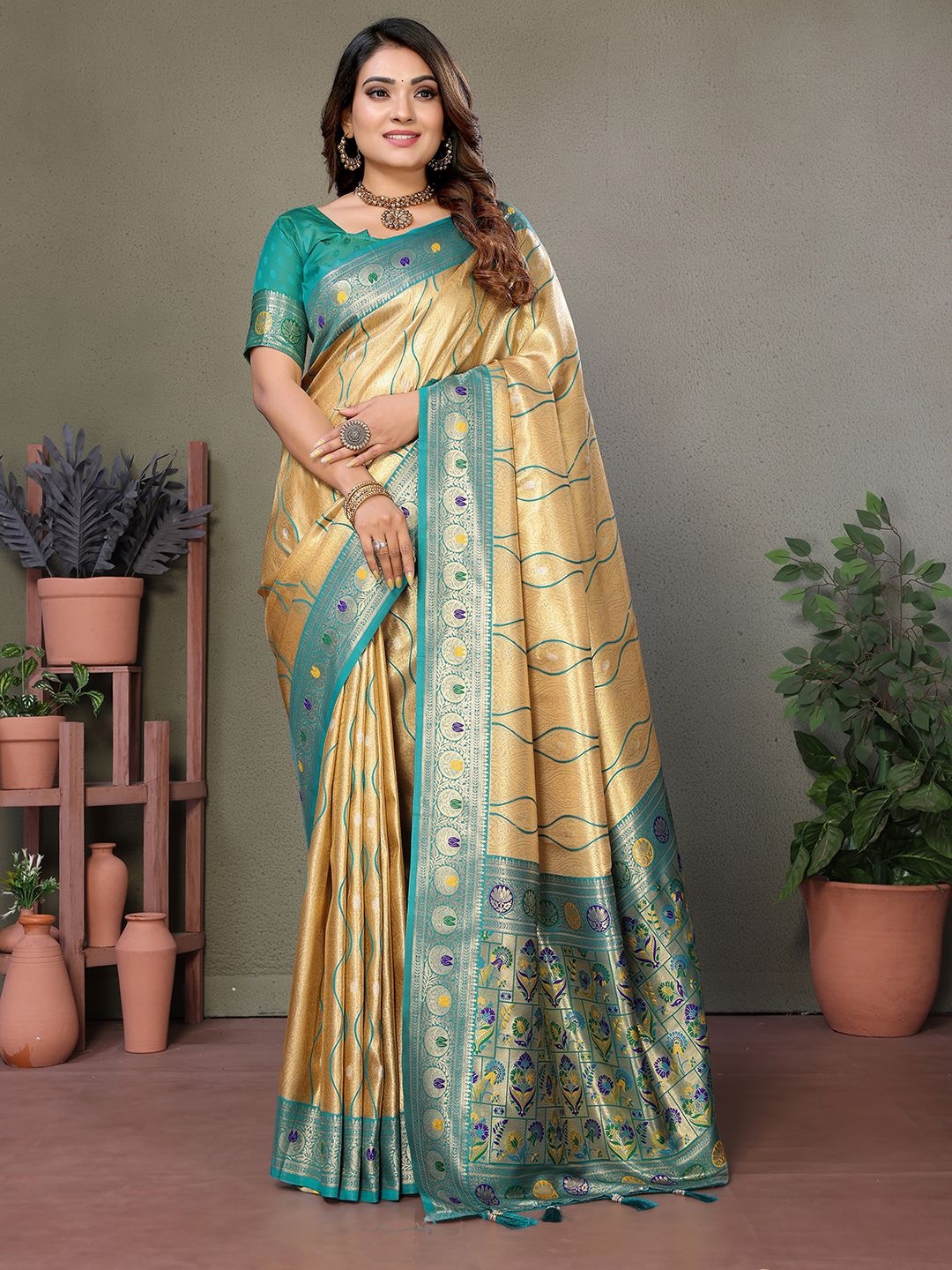 

Panzora Woven Design Zari Silk Blend Banarasi Saree, Beige