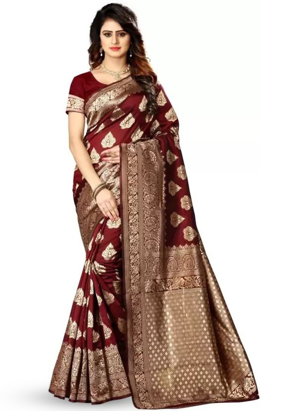 

KALINI Woven Design Zari Pure Silk Kanjeevaram Saree, Maroon