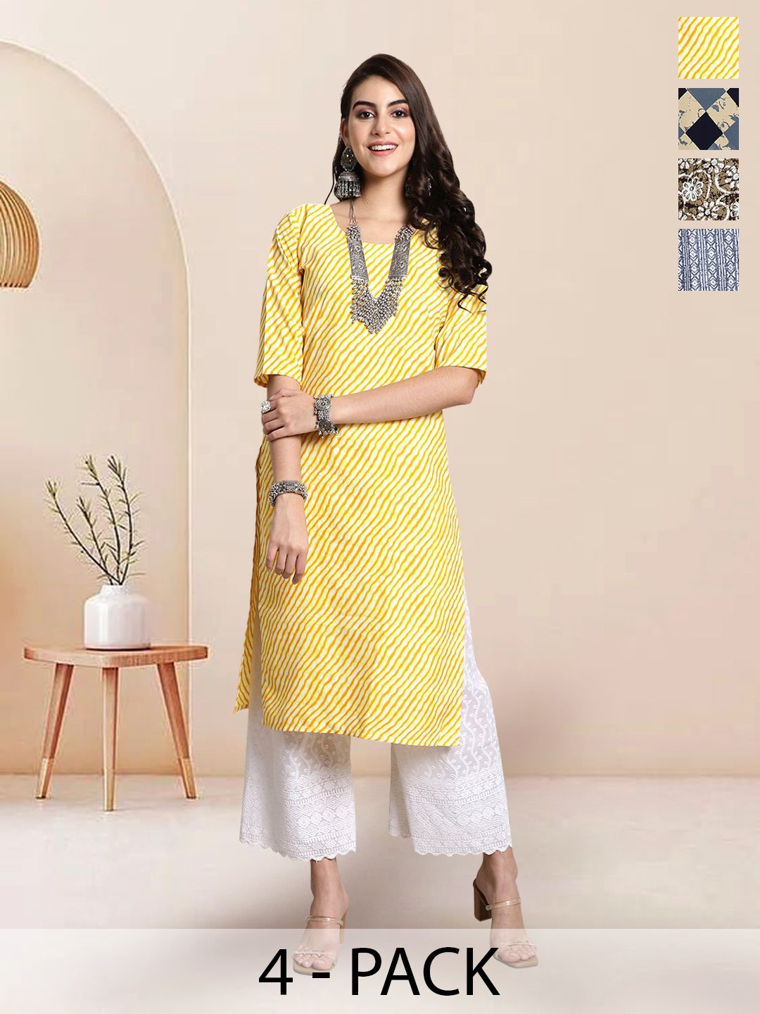 

7Threads Selection Of 4 Leheriya Printed Round Neck Kurtas, Yellow